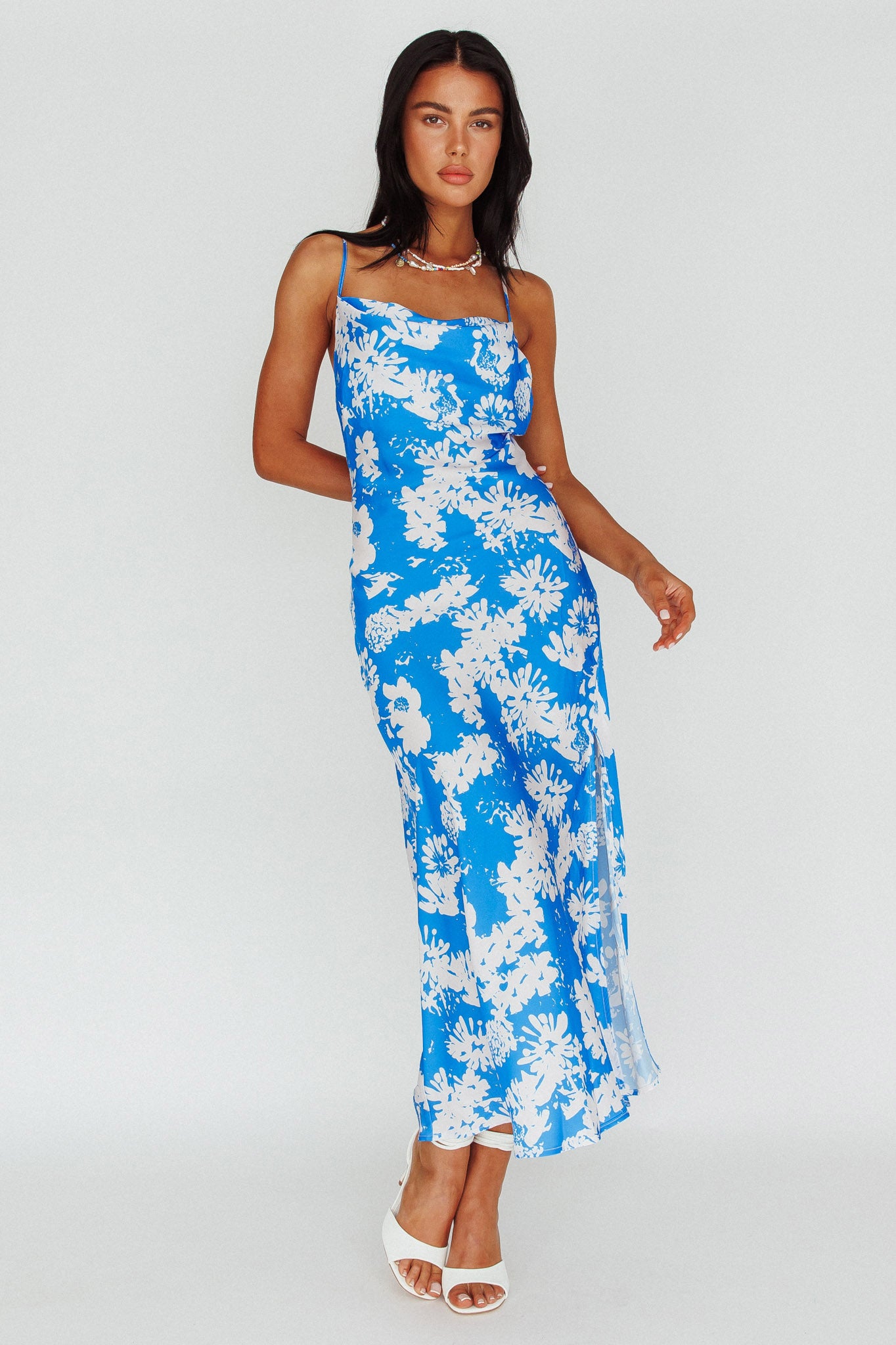 Sherilyn Criss-Cross Back Midi Dress Blue Floral-Maymioy