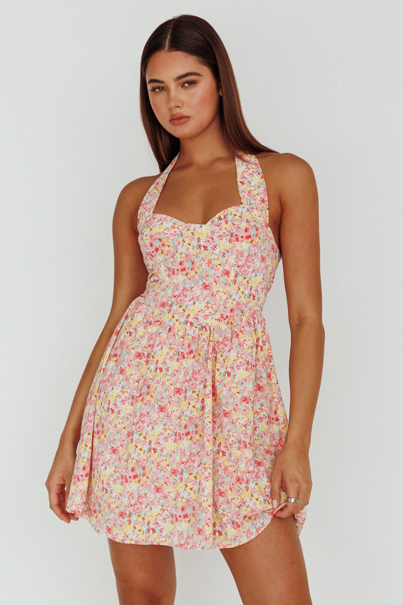 Hey Baby Halterneck Mini Dress Pink Floral-Maymioy
