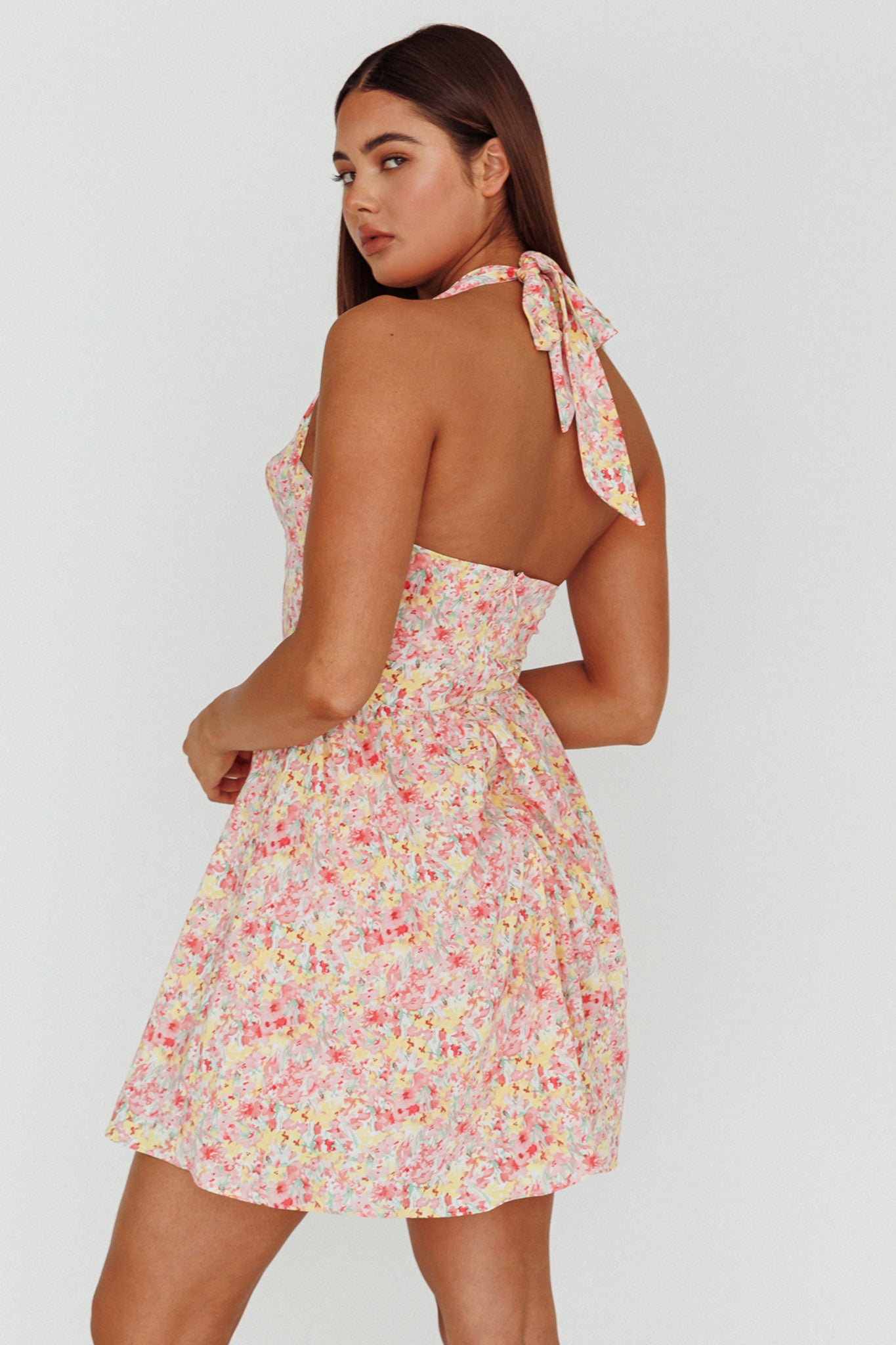Hey Baby Halterneck Mini Dress Pink Floral-Maymioy