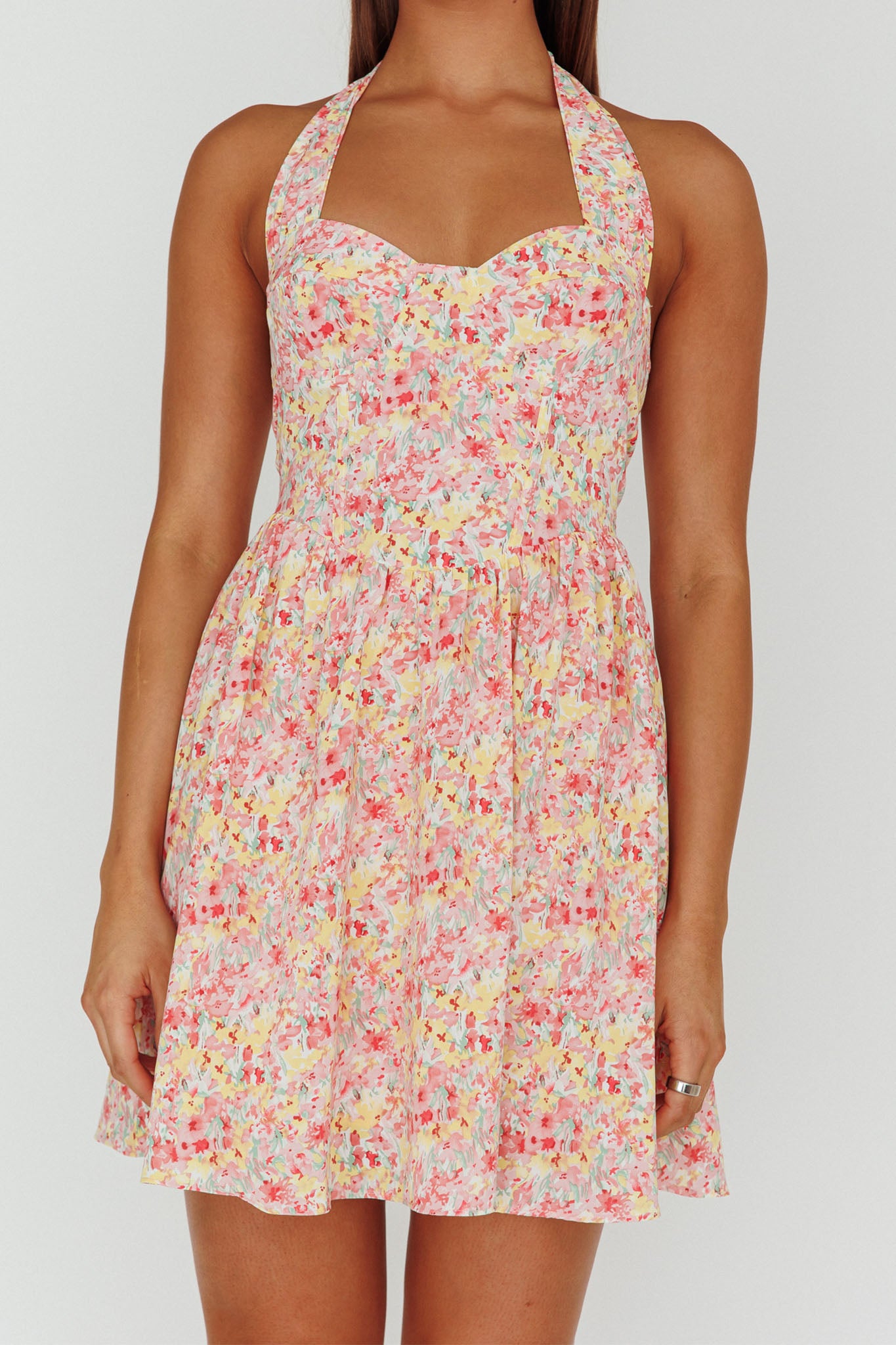 Hey Baby Halterneck Mini Dress Pink Floral-Maymioy