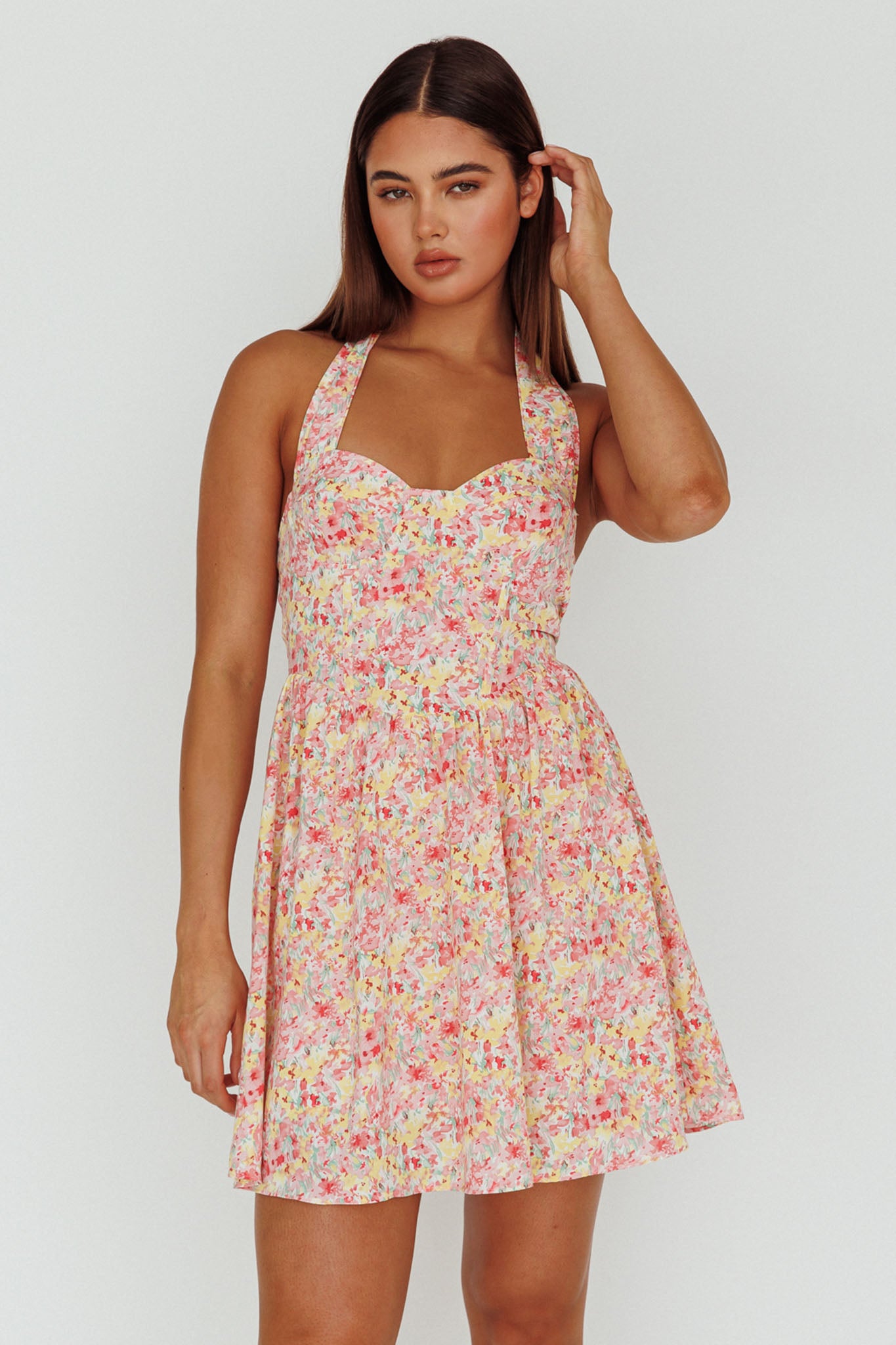 Hey Baby Halterneck Mini Dress Pink Floral-Maymioy