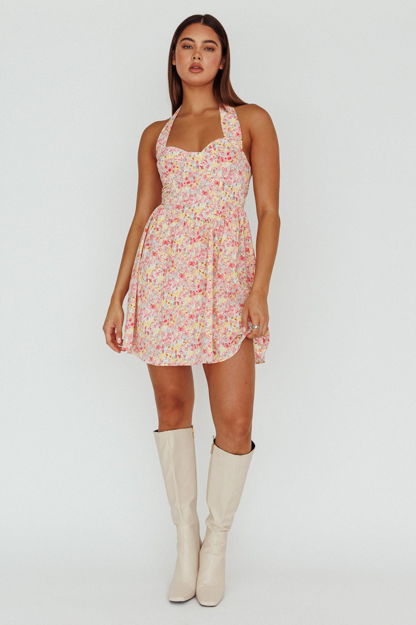 Hey Baby Halterneck Mini Dress Pink Floral-Maymioy