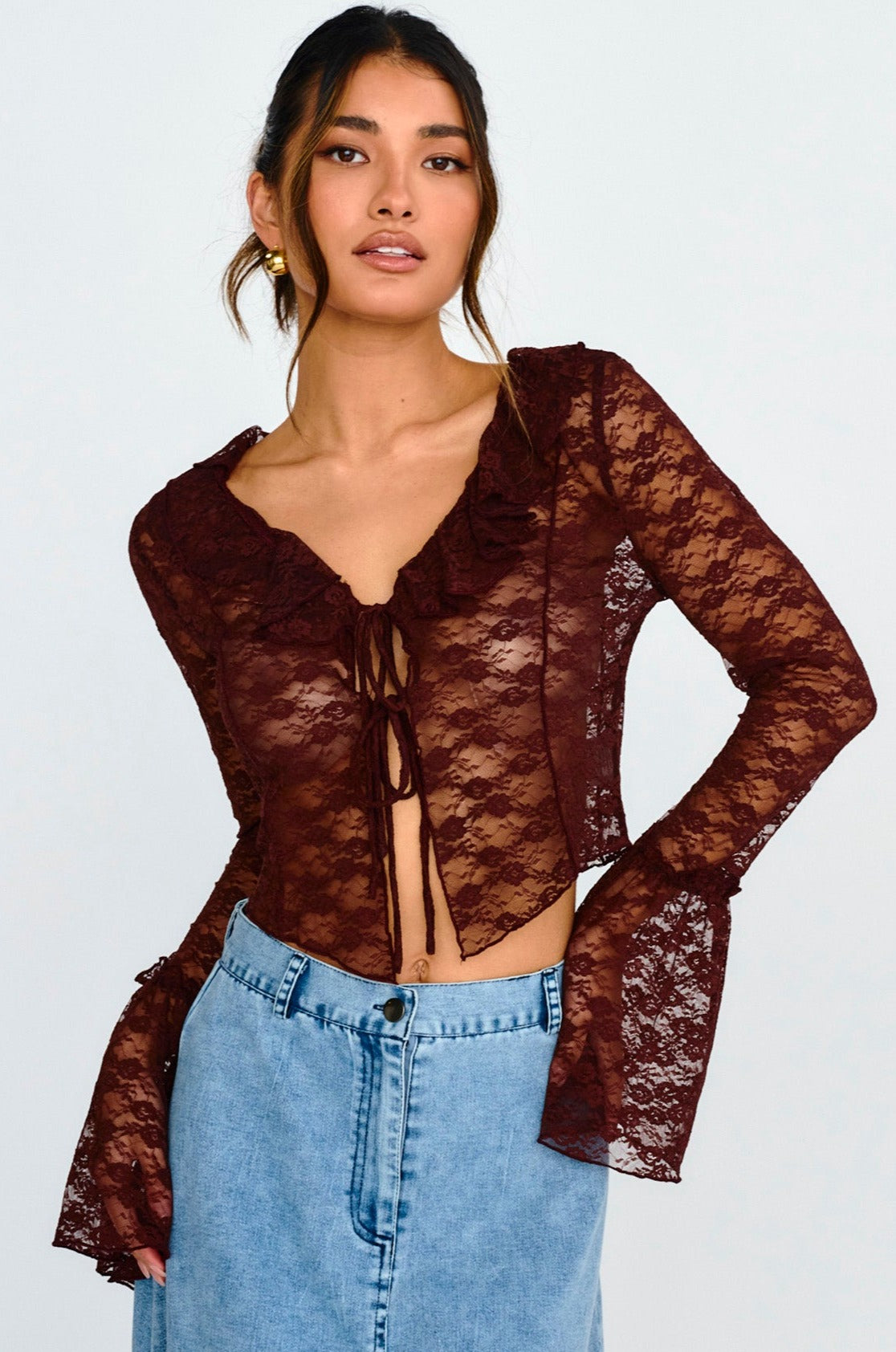 Siren Long Sleeve Tied Lace Top Brown-Maymioy