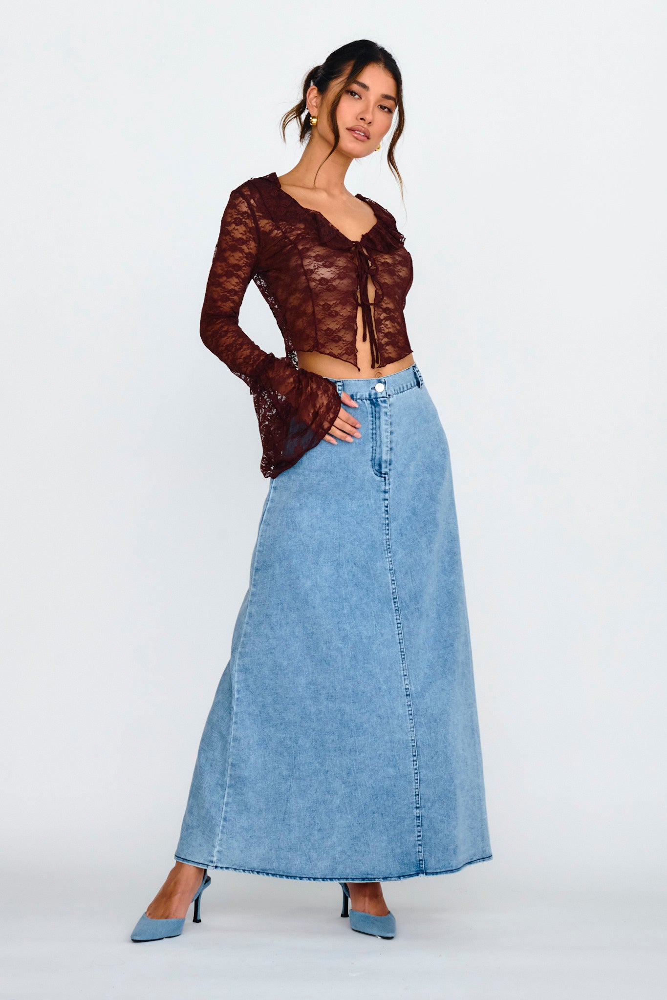 Siren Long Sleeve Tied Lace Top Brown-Maymioy