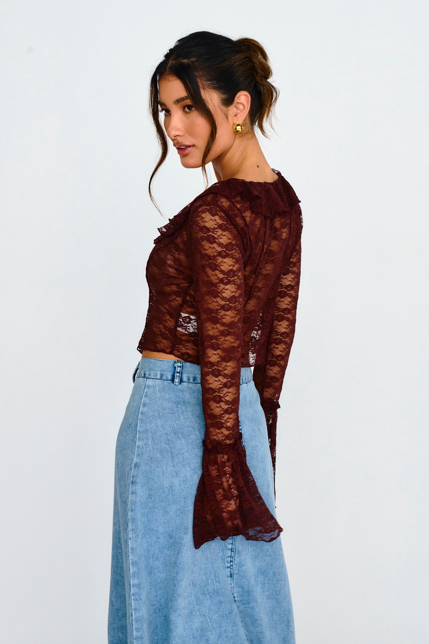 Siren Long Sleeve Tied Lace Top Brown-Maymioy