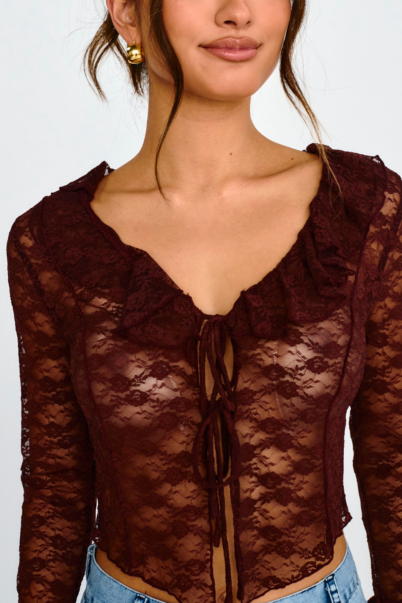 Siren Long Sleeve Tied Lace Top Brown-Maymioy