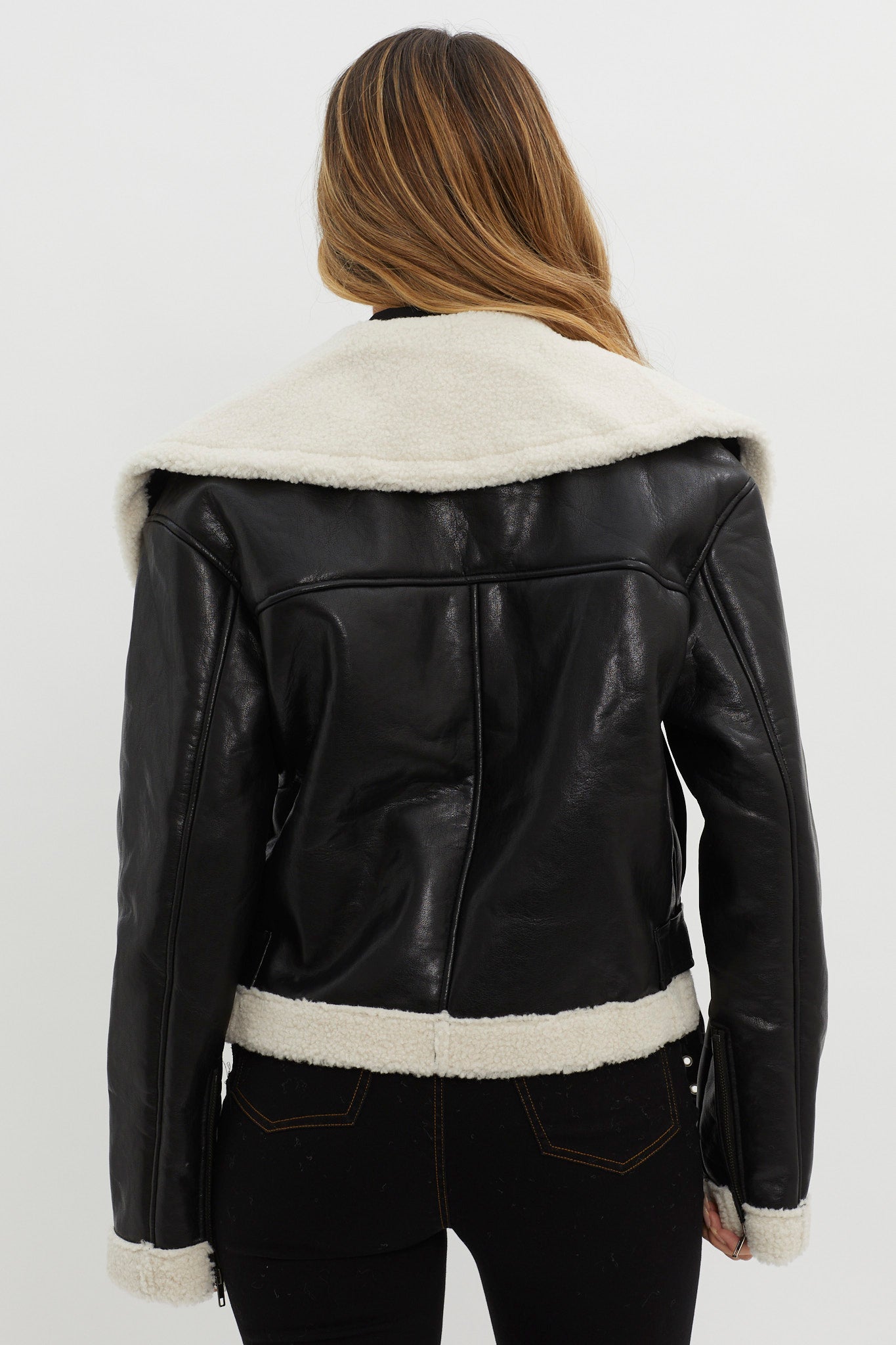 Aviatrix Faux Leather Sherpa Jacket Black-Maymioy
