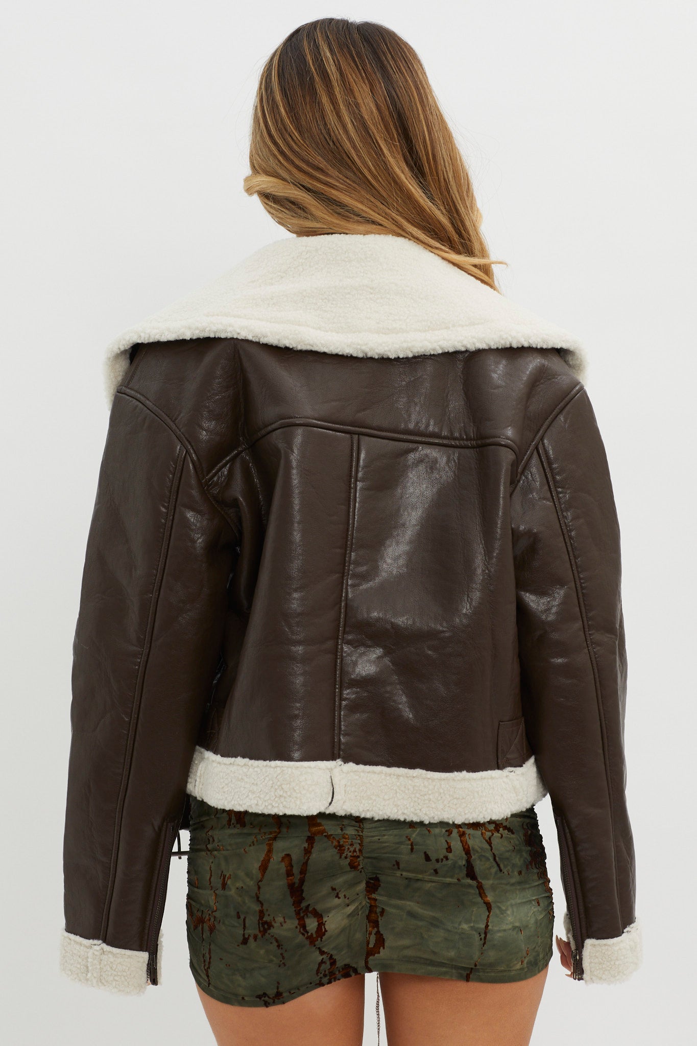 Aviatrix Faux Leather Sherpa Jacket Brown-Maymioy