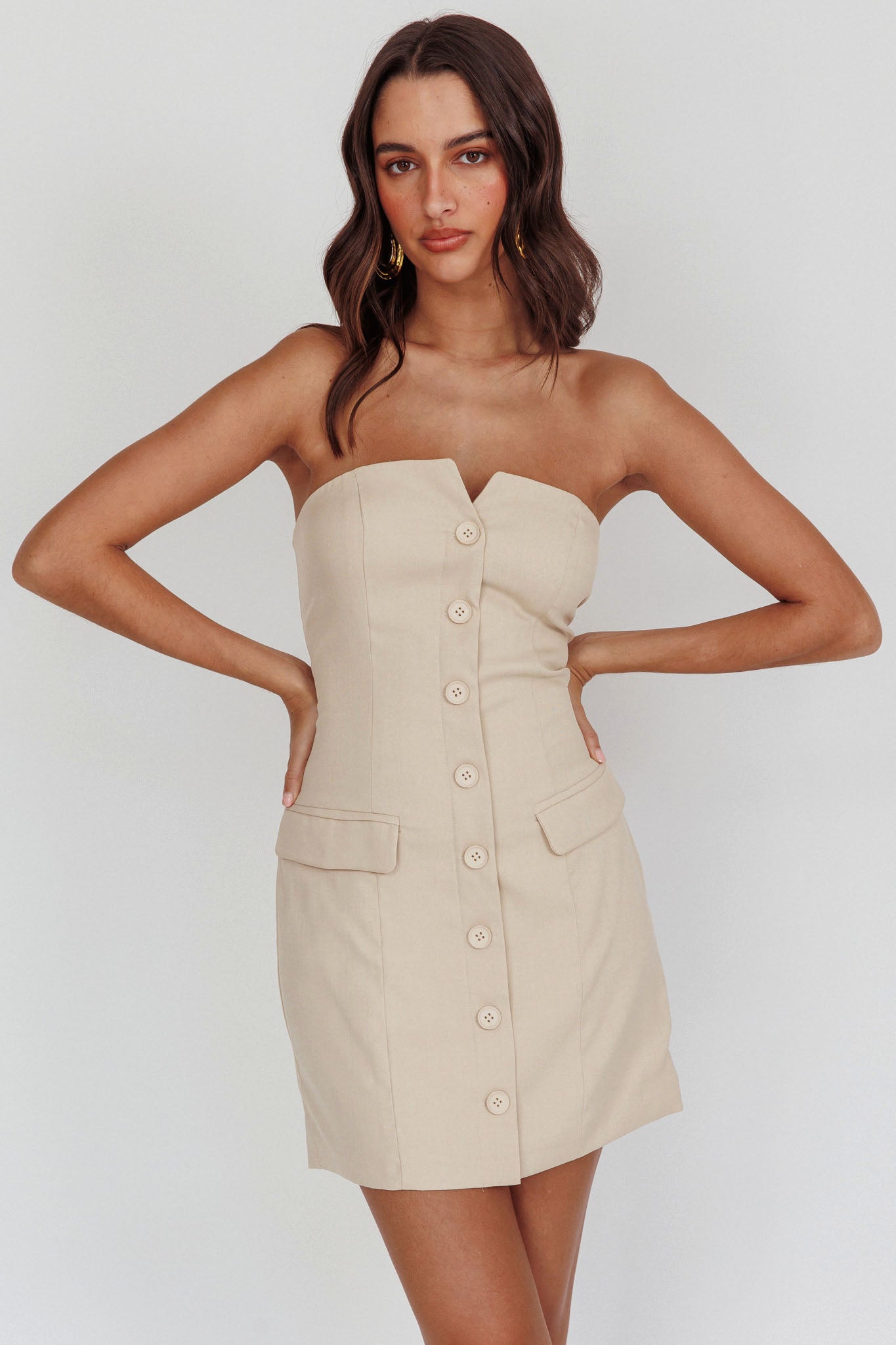 Titania Strapless Buttoned Mini Dress Light Taupe-Maymioy