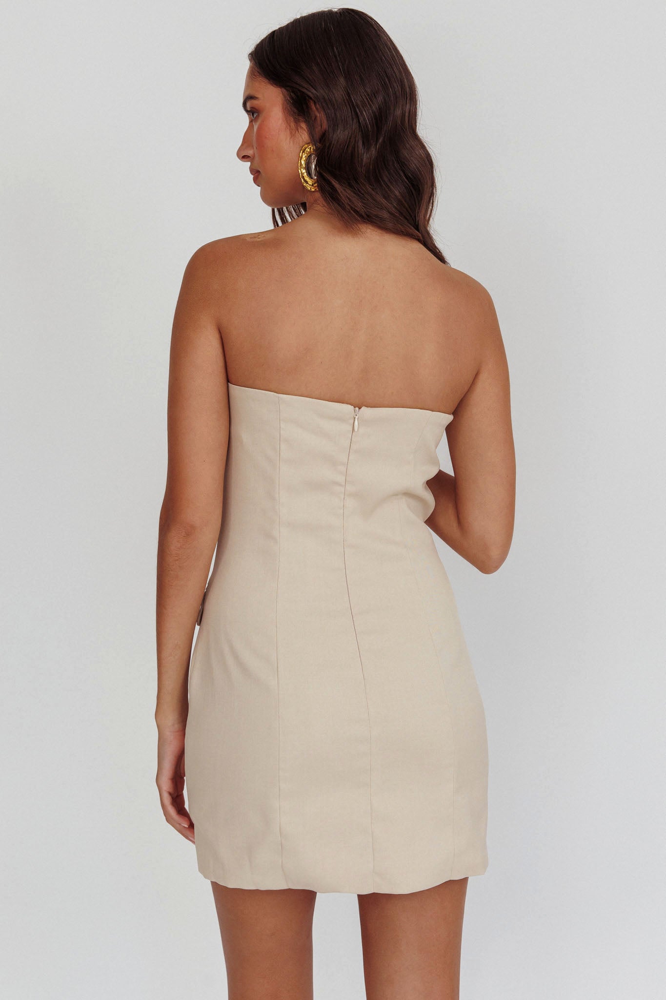 Titania Strapless Buttoned Mini Dress Light Taupe-Maymioy