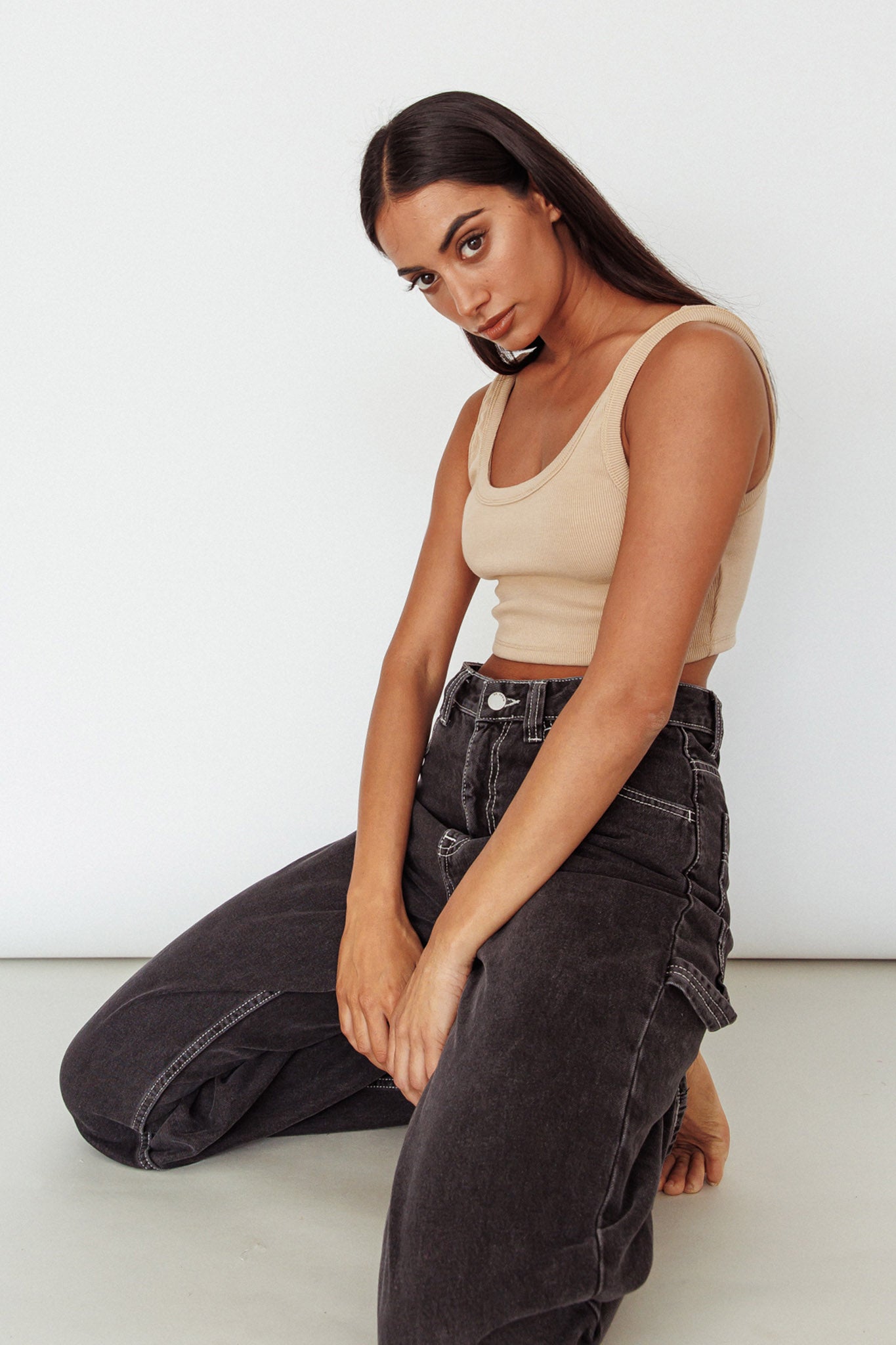 Drifting Ribbed Crop Top Tan-Maymioy