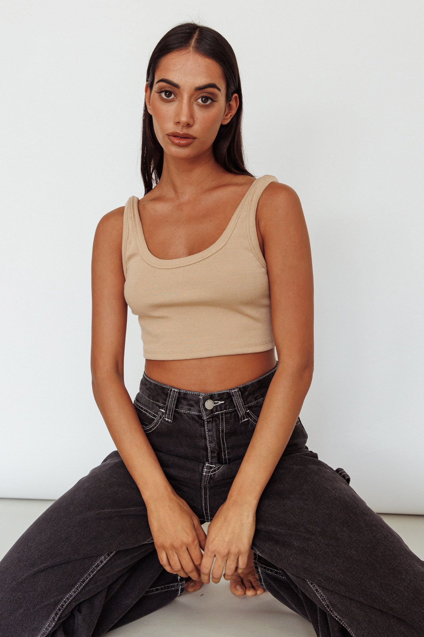 Drifting Ribbed Crop Top Tan-Maymioy