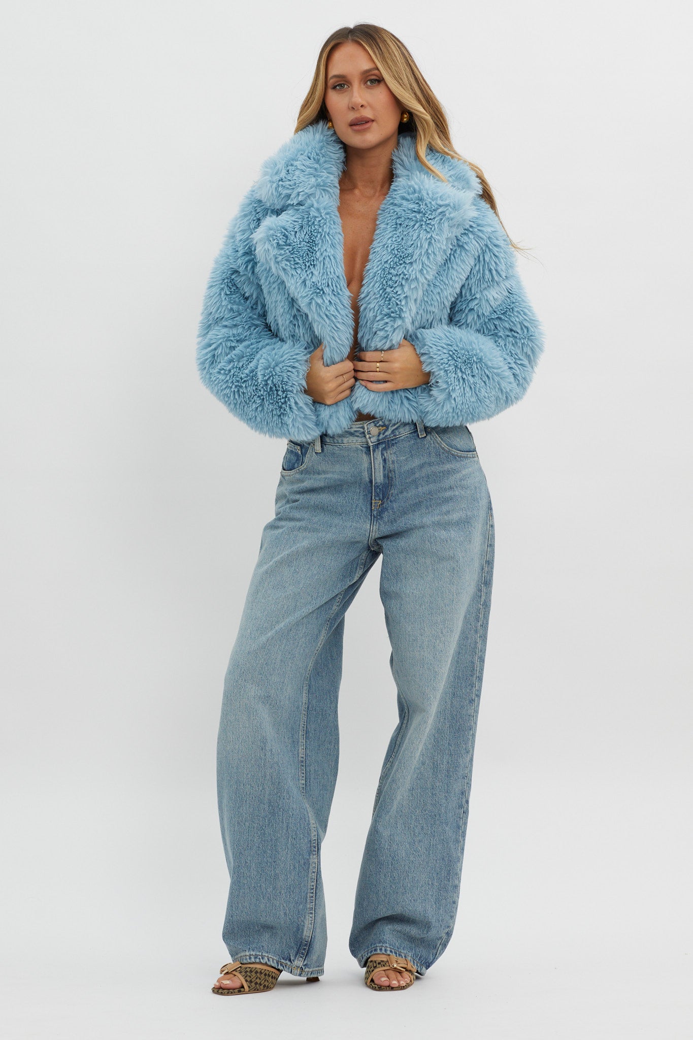 St Moritz Notch Lapel Fur Jacket Blue-Maymioy