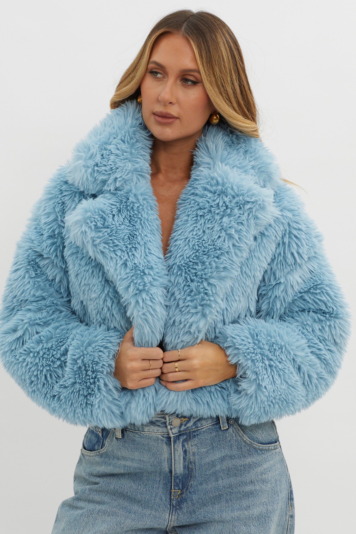 St Moritz Notch Lapel Fur Jacket Blue-Maymioy