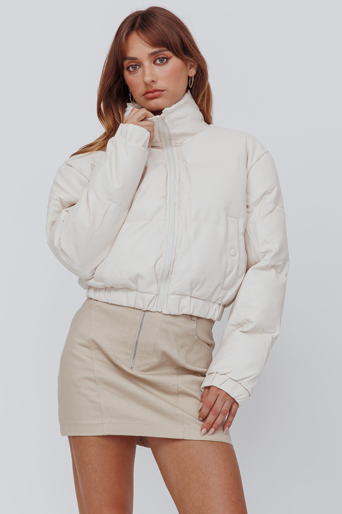 Winter Magic Faux Leather Puffer Jacket Cream-Maymioy