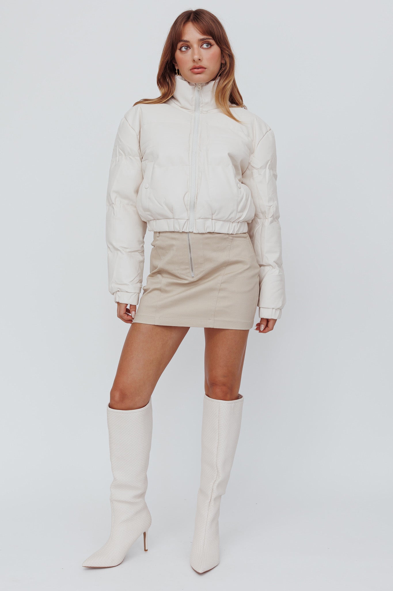 Winter Magic Faux Leather Puffer Jacket Cream-Maymioy