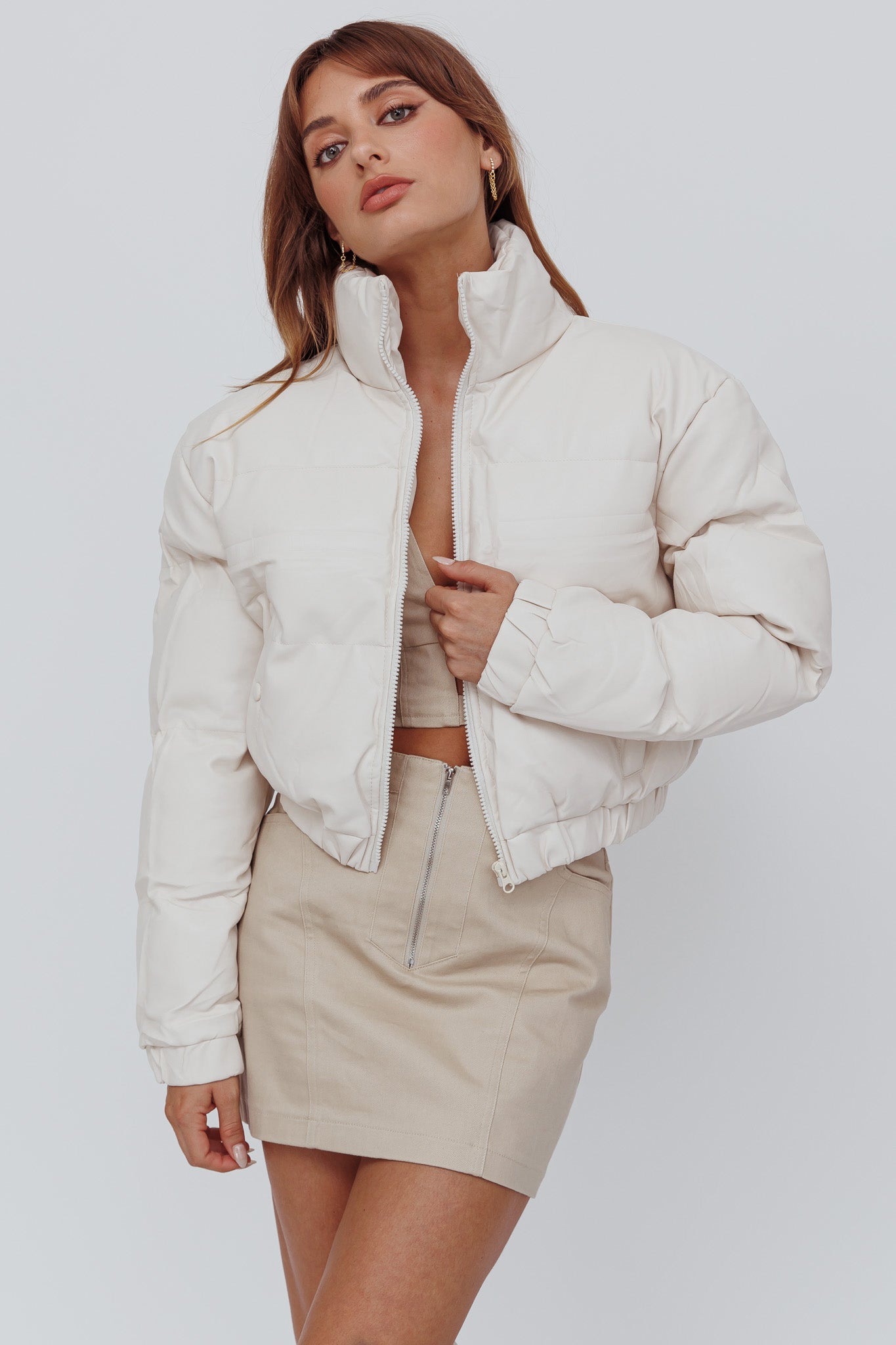 Winter Magic Faux Leather Puffer Jacket Cream-Maymioy