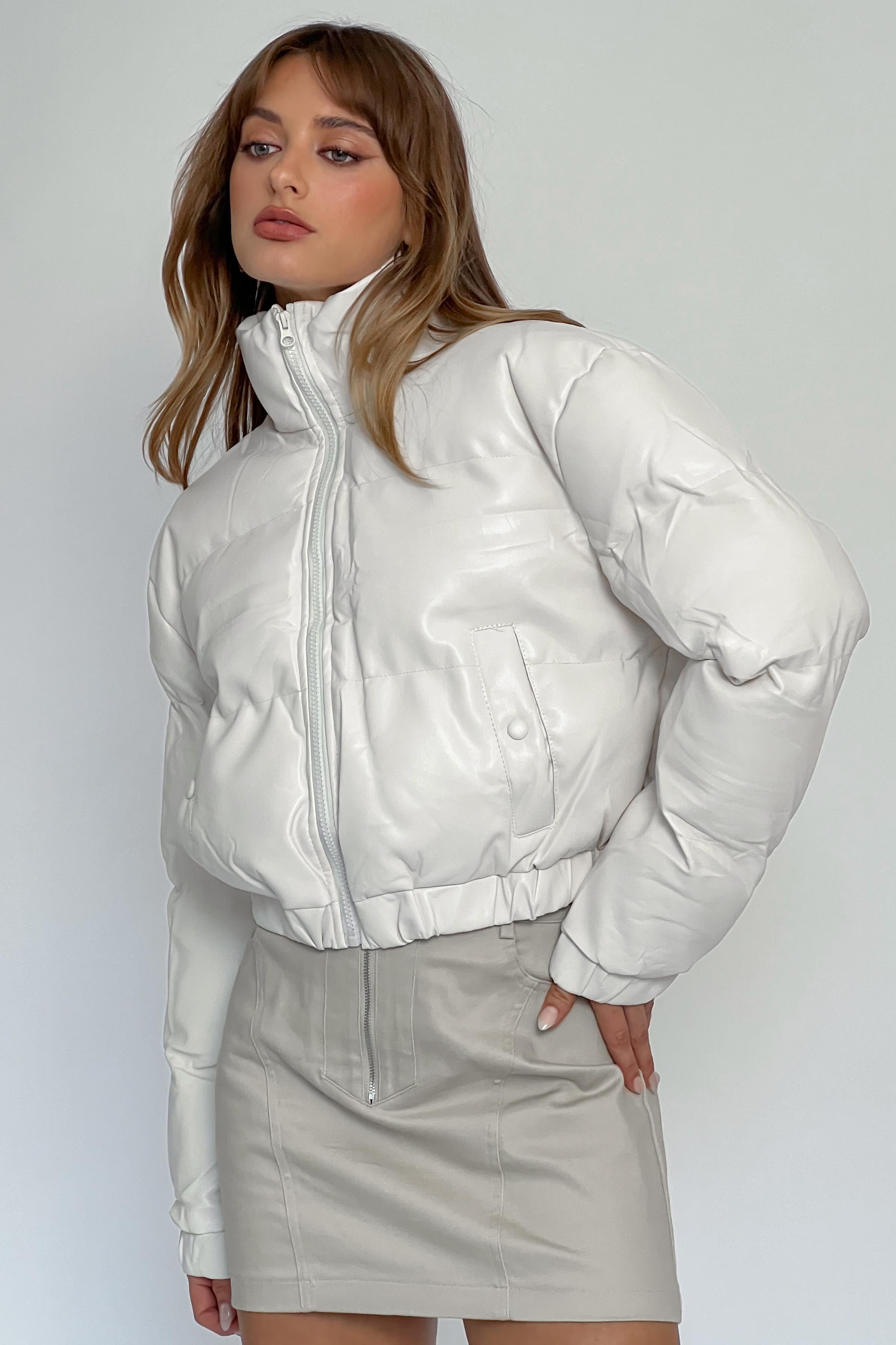 Winter Magic Faux Leather Puffer Jacket Cream-Maymioy