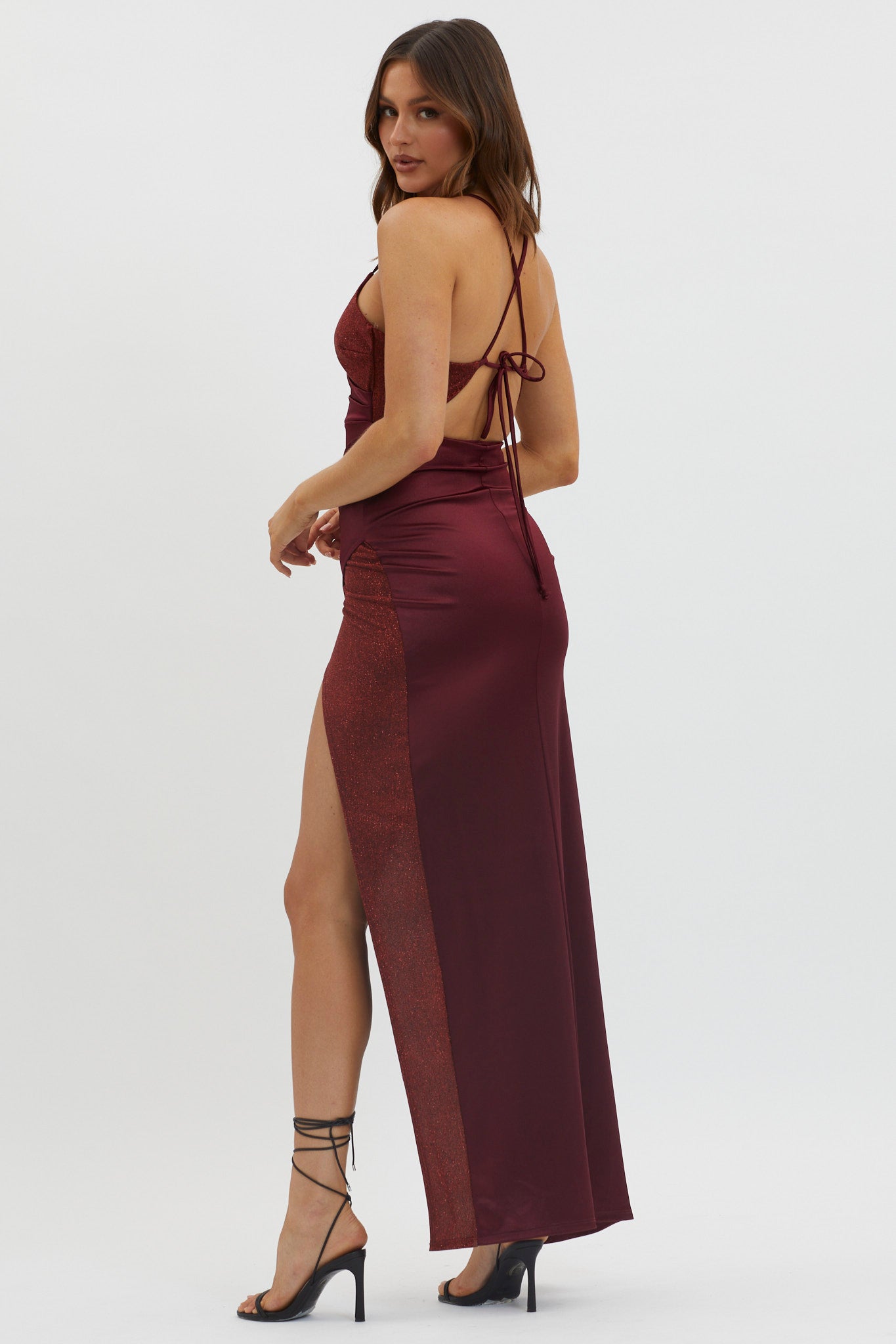Granada Tied Back Split Maxi Dress Wine-Maymioy