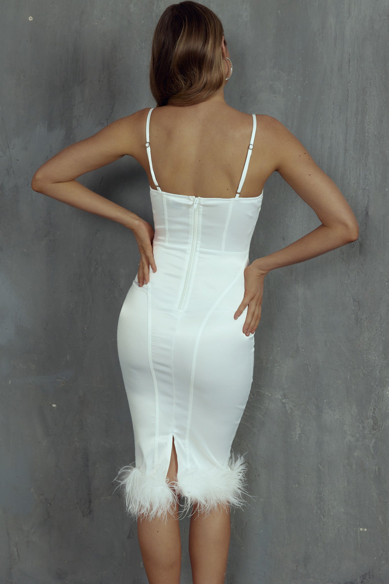 Hopelessly Devoted Feather Trim Midi Dress White-Maymioy