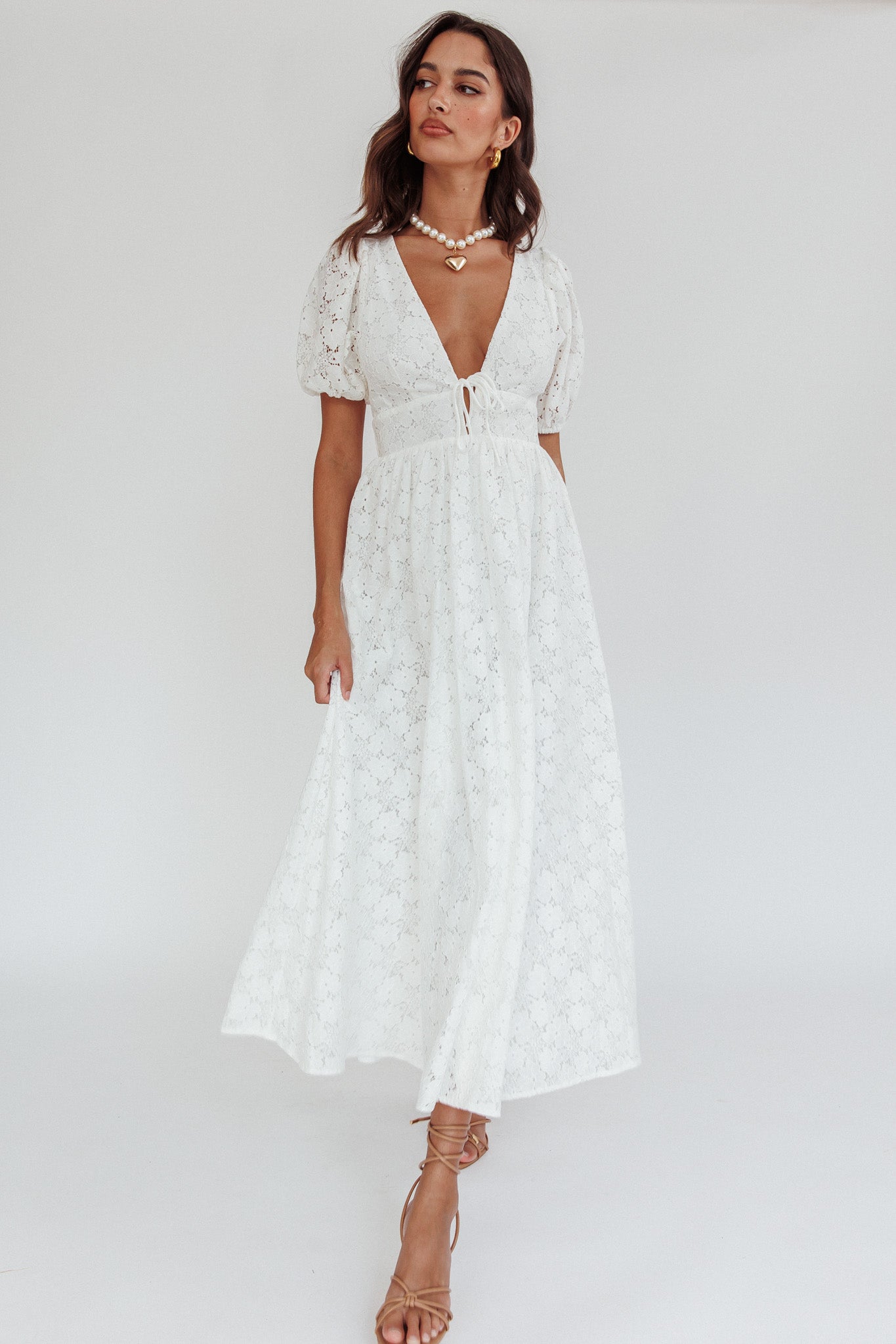 Sunday Kinda Love Puff Sleeve Lace Dress White-Maymioy