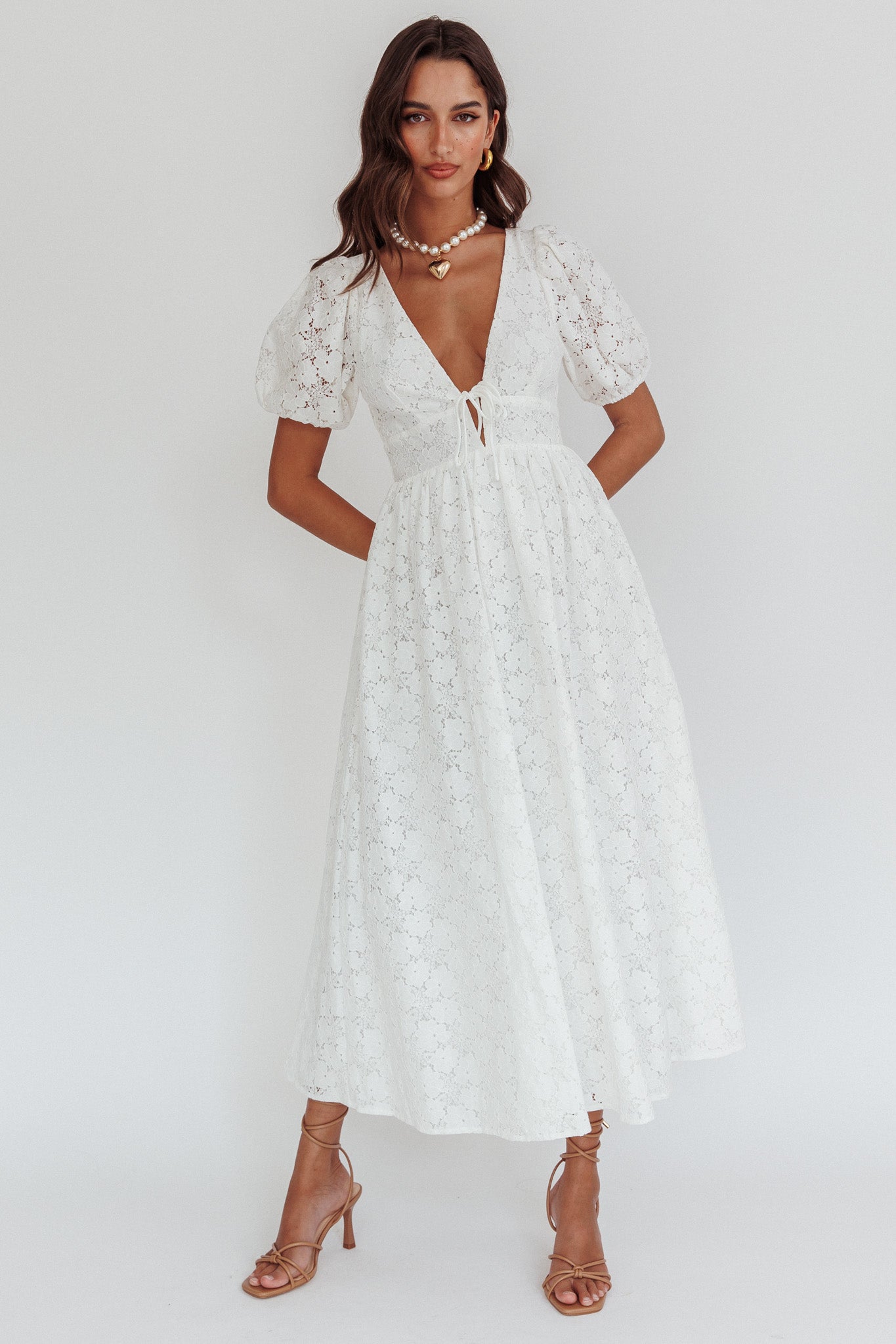 Sunday Kinda Love Puff Sleeve Lace Dress White-Maymioy
