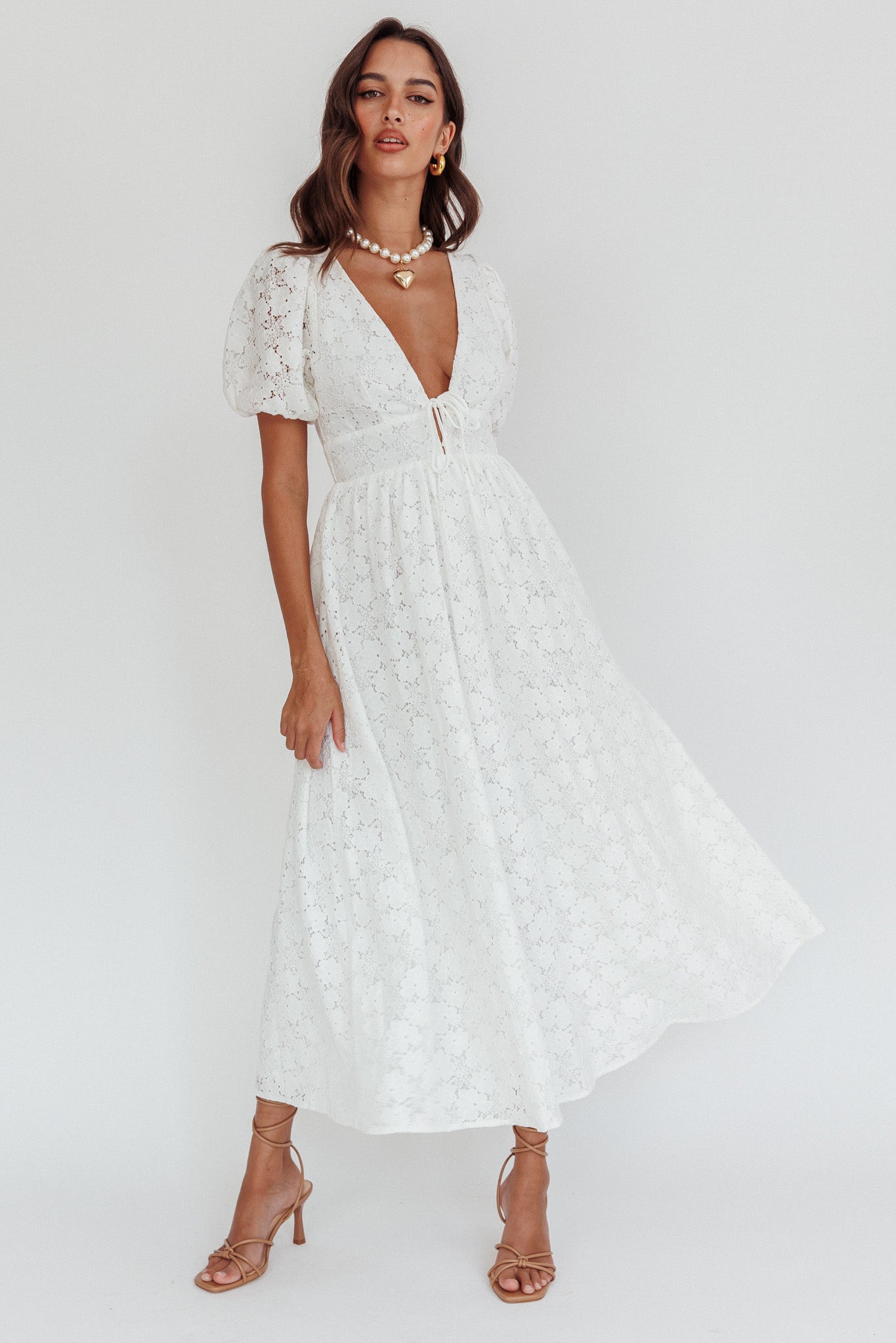 Sunday Kinda Love Puff Sleeve Lace Dress White-Maymioy