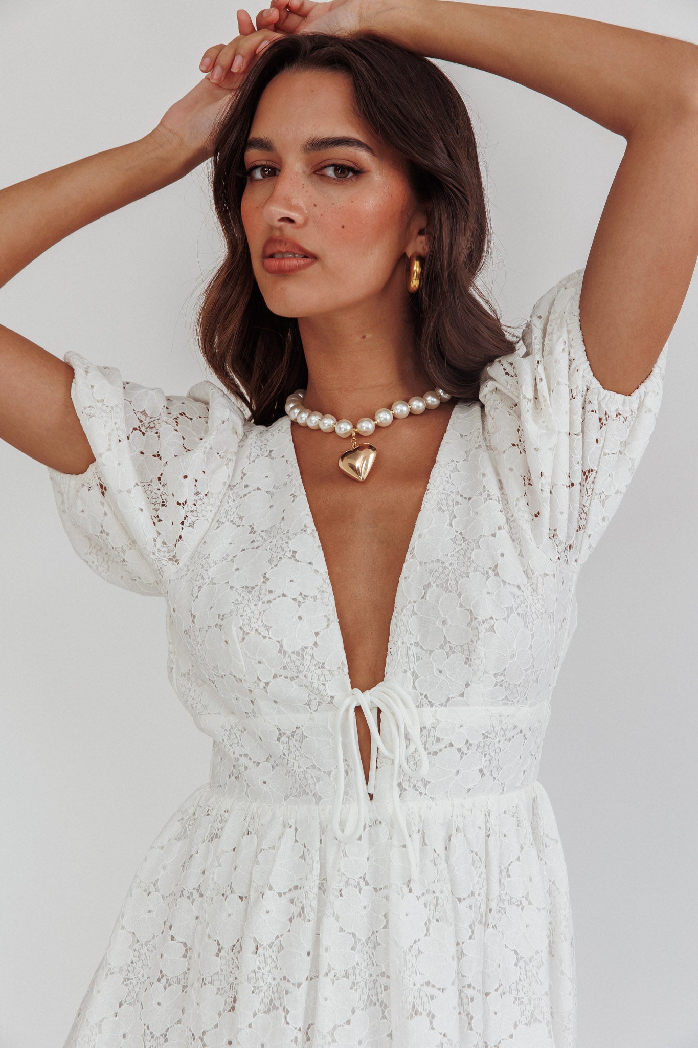 Sunday Kinda Love Puff Sleeve Lace Dress White-Maymioy