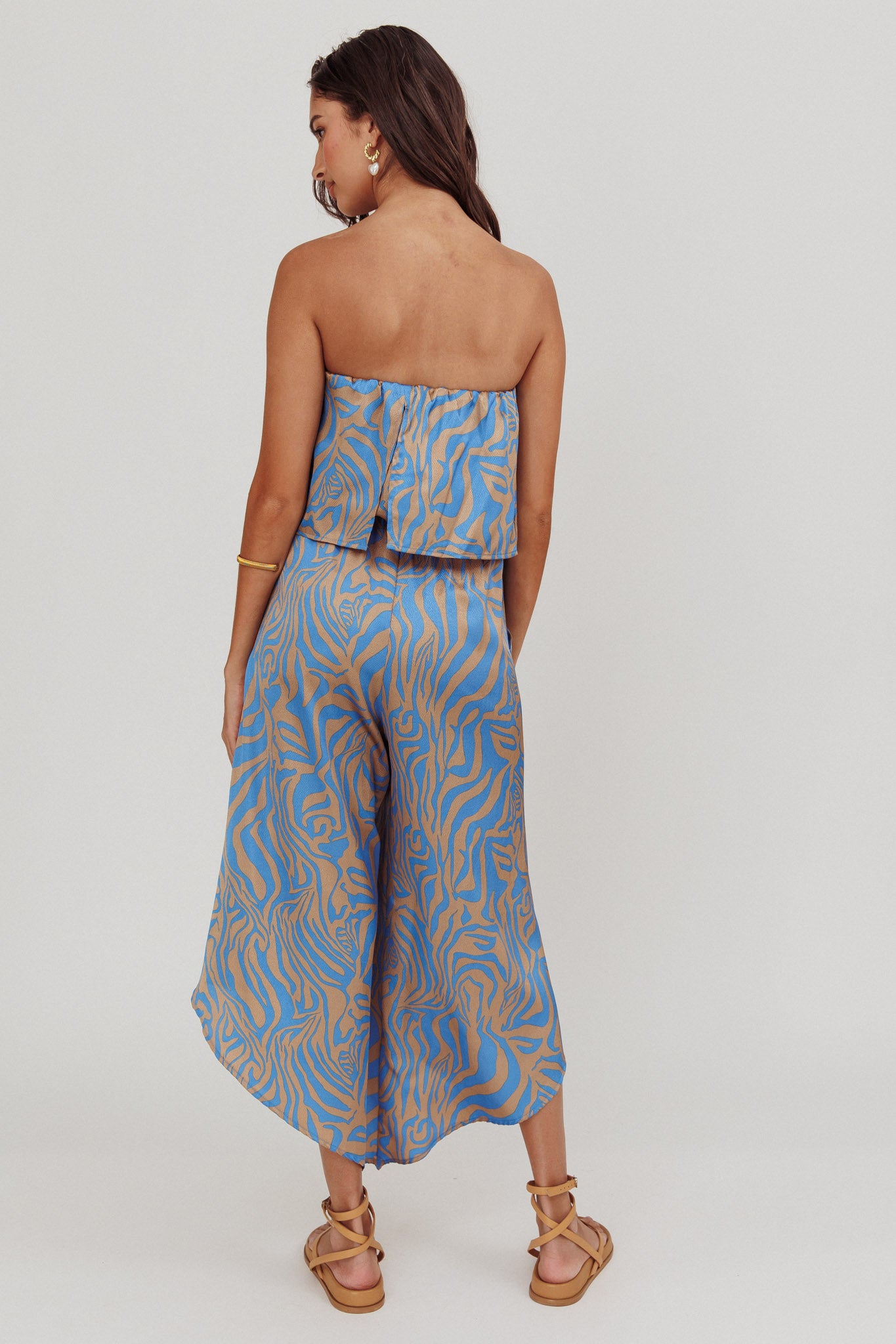 Tongue Tied Printed Strapless Jumpsuit Blue-Maymioy