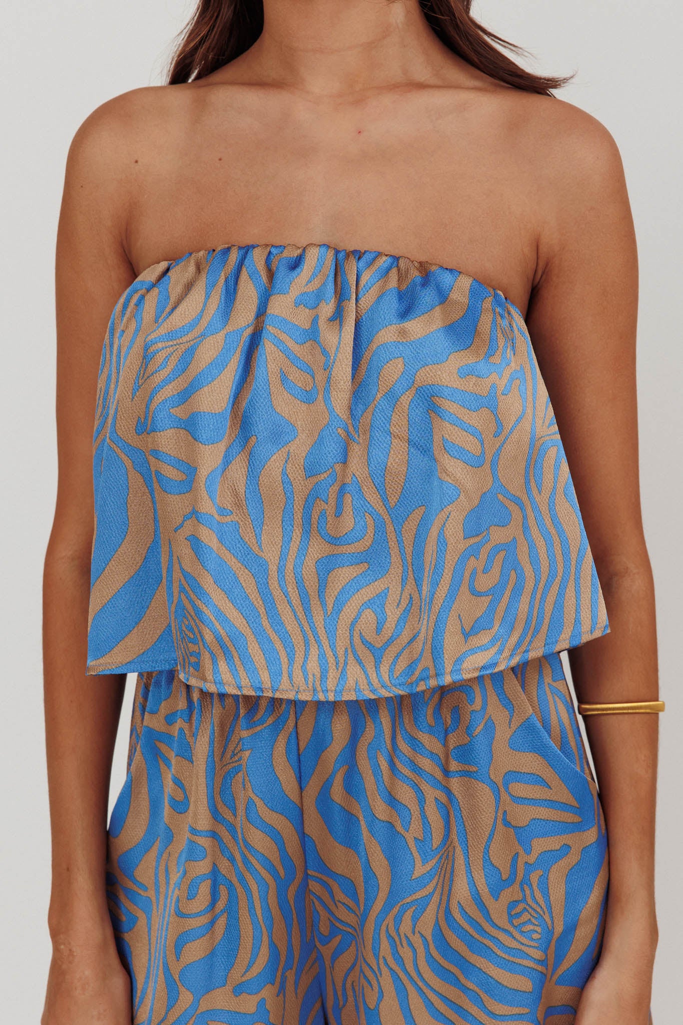 Tongue Tied Printed Strapless Jumpsuit Blue-Maymioy