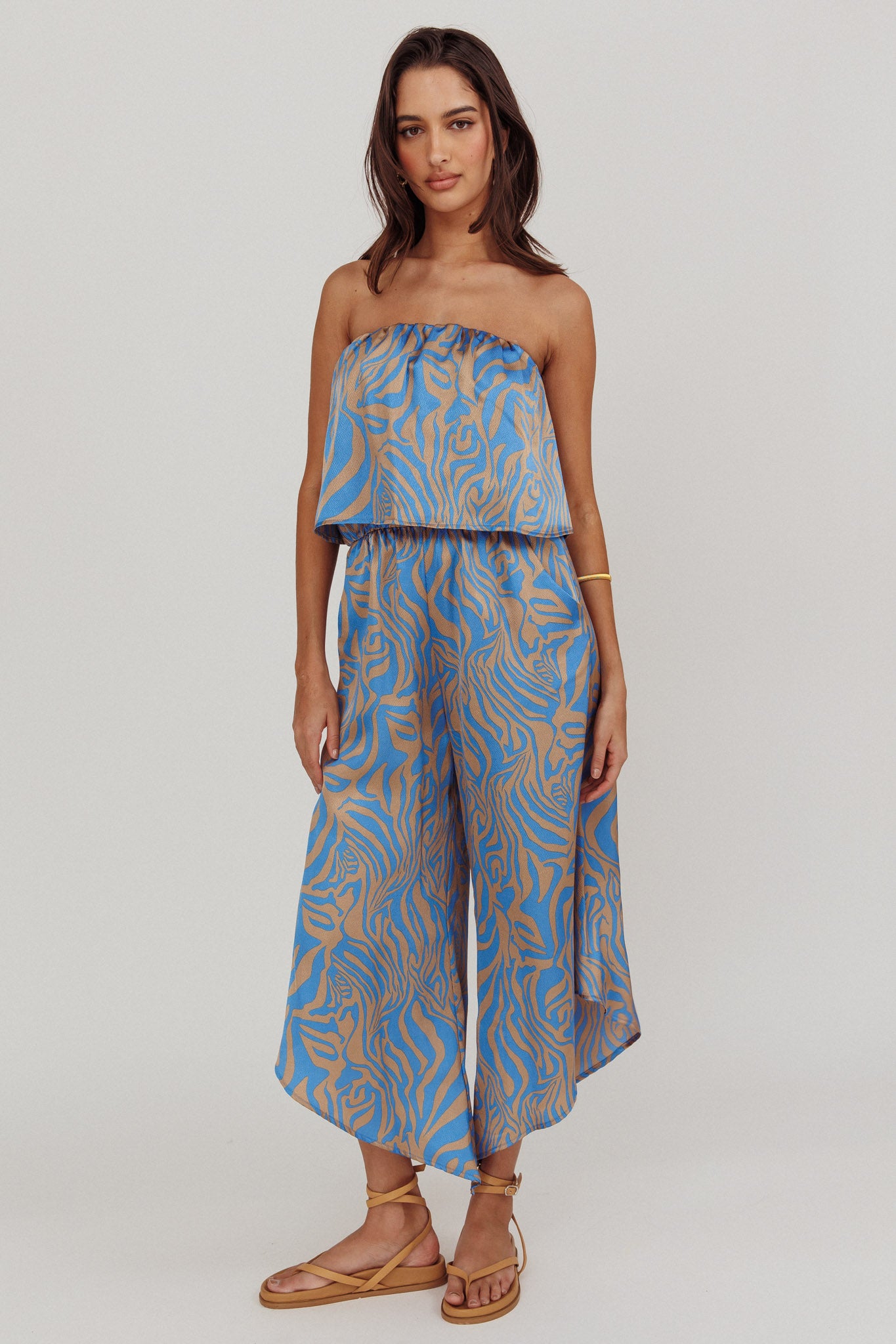 Tongue Tied Printed Strapless Jumpsuit Blue-Maymioy