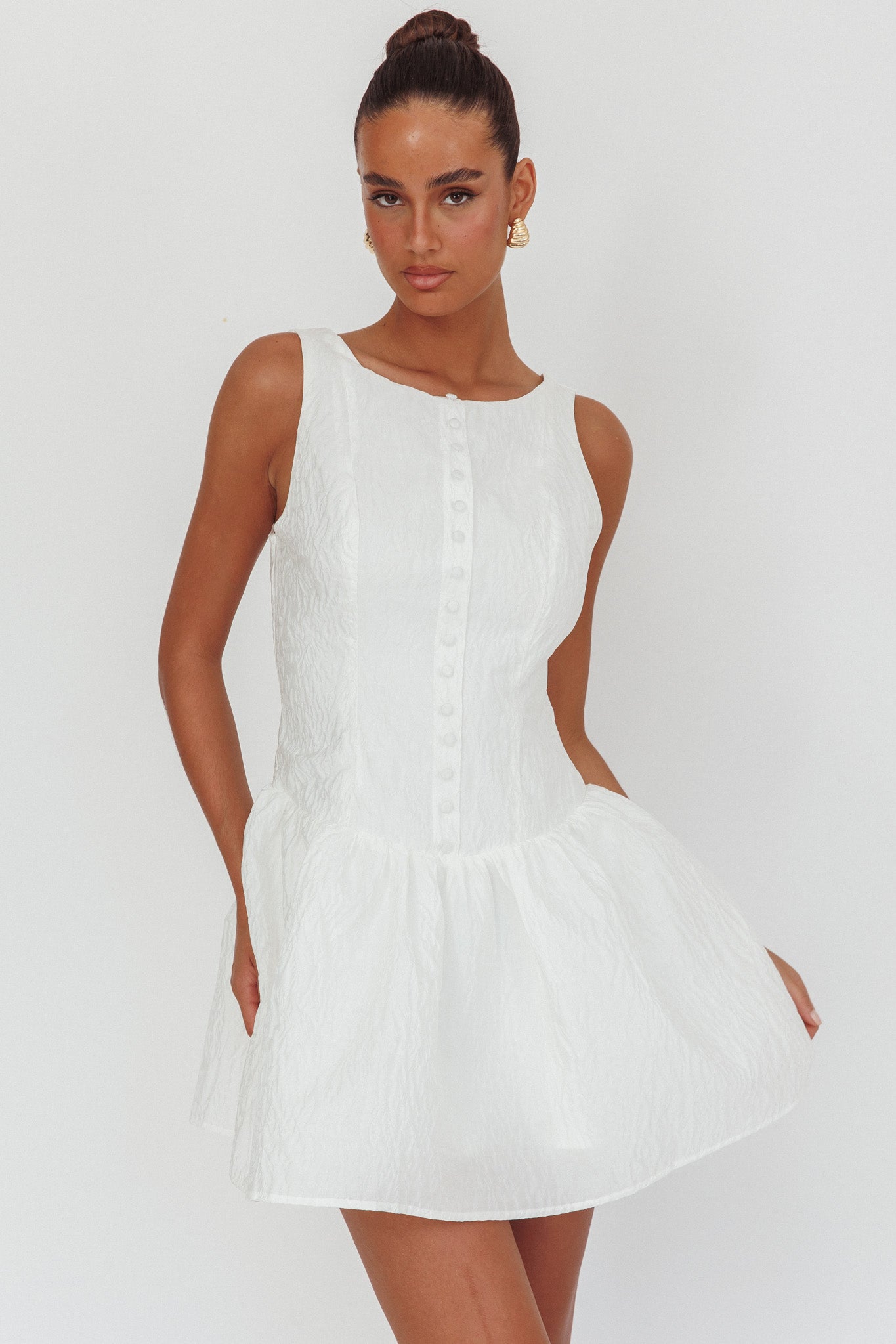 Profile Pic Drop Waist Flounce Mini Dress Textured White-Maymioy