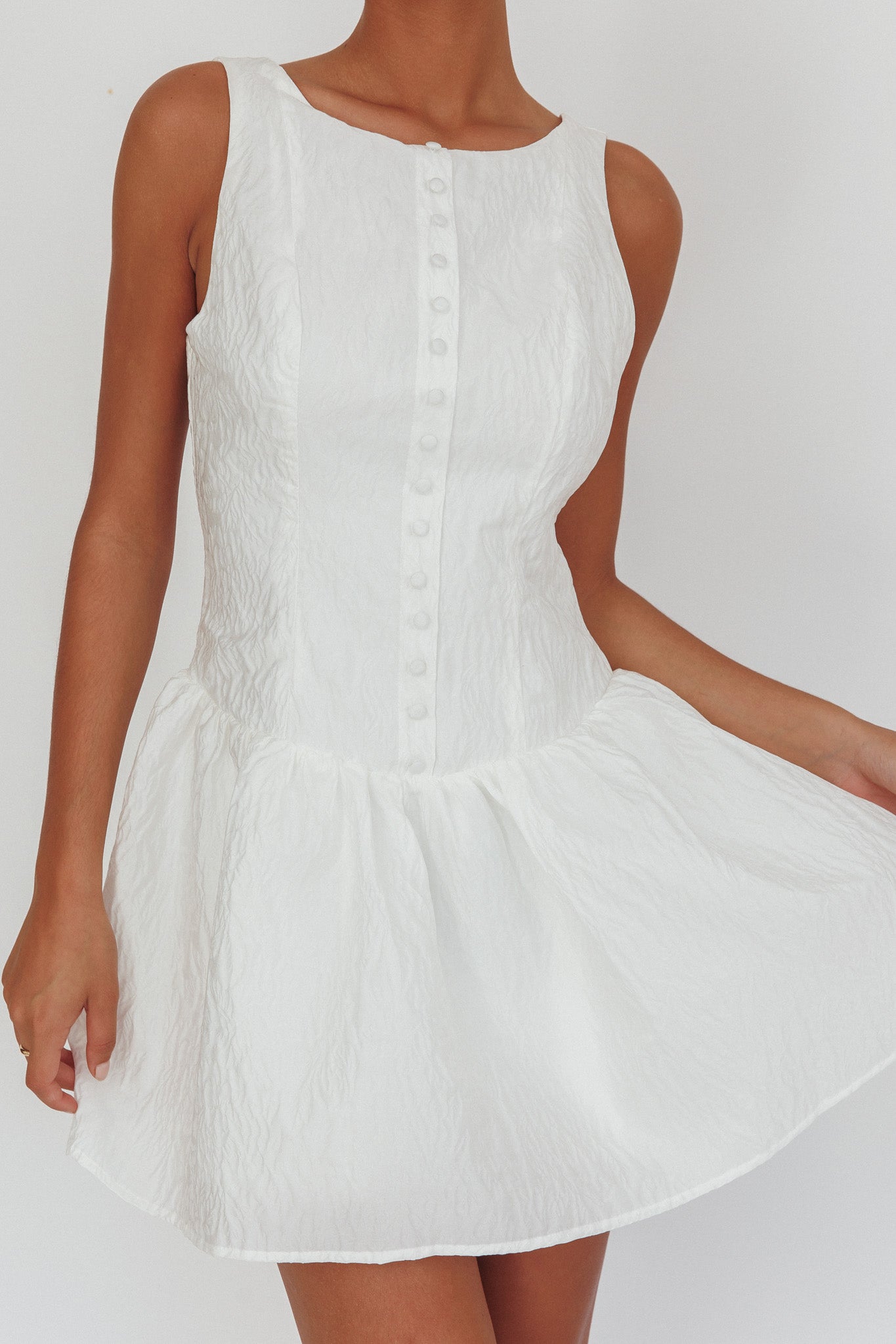 Profile Pic Drop Waist Flounce Mini Dress Textured White-Maymioy