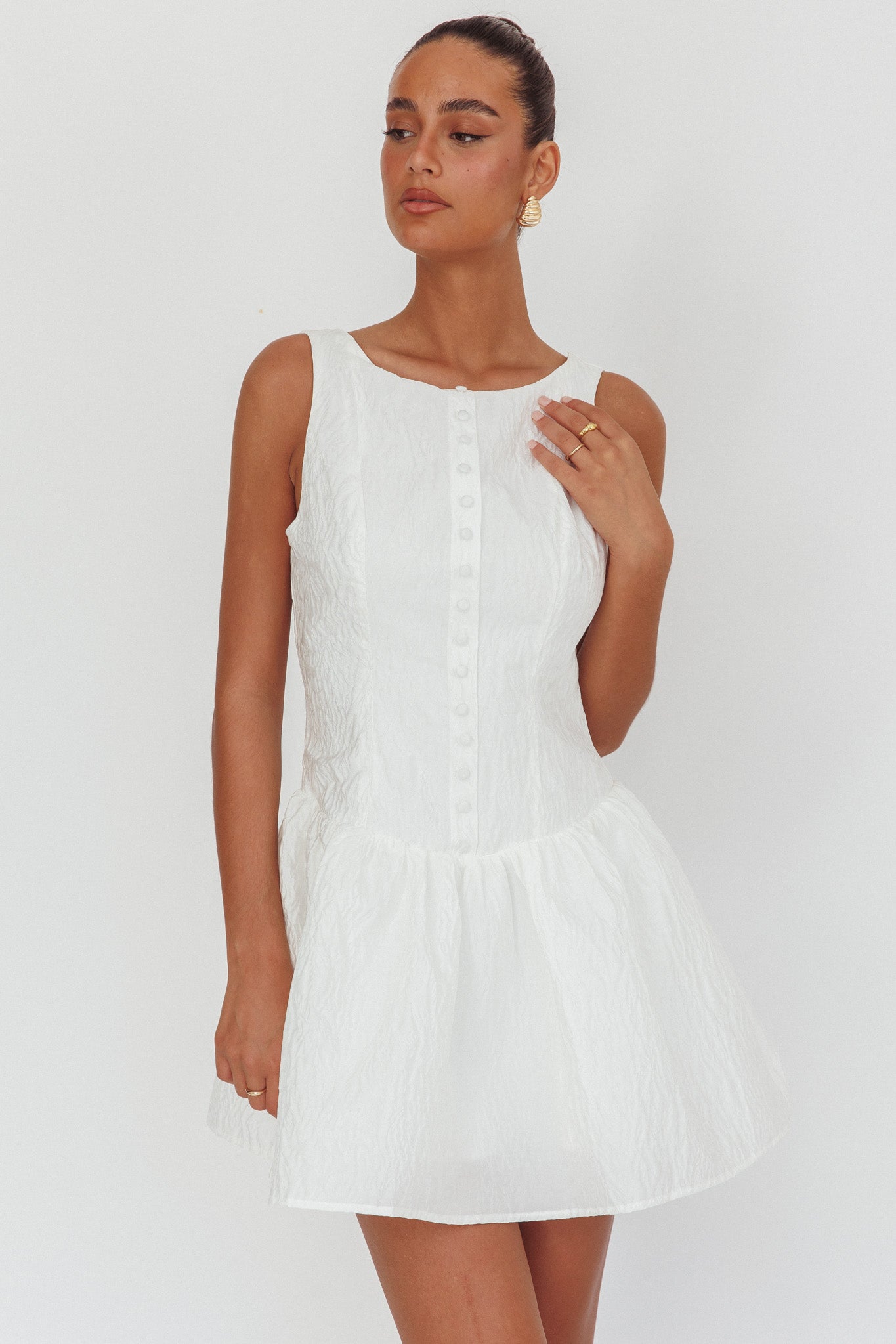Profile Pic Drop Waist Flounce Mini Dress Textured White-Maymioy