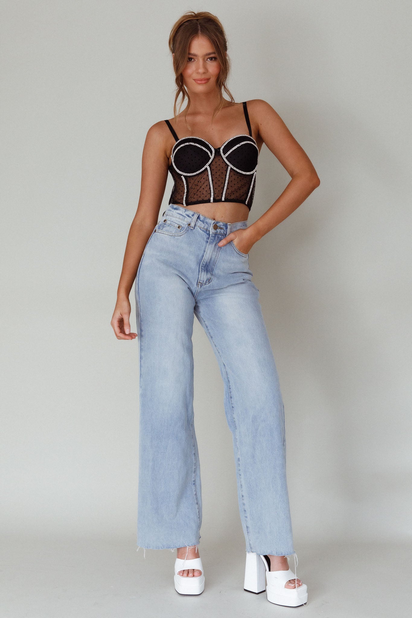 Stop And Stare Diamante Trim Crop Top Black-Maymioy