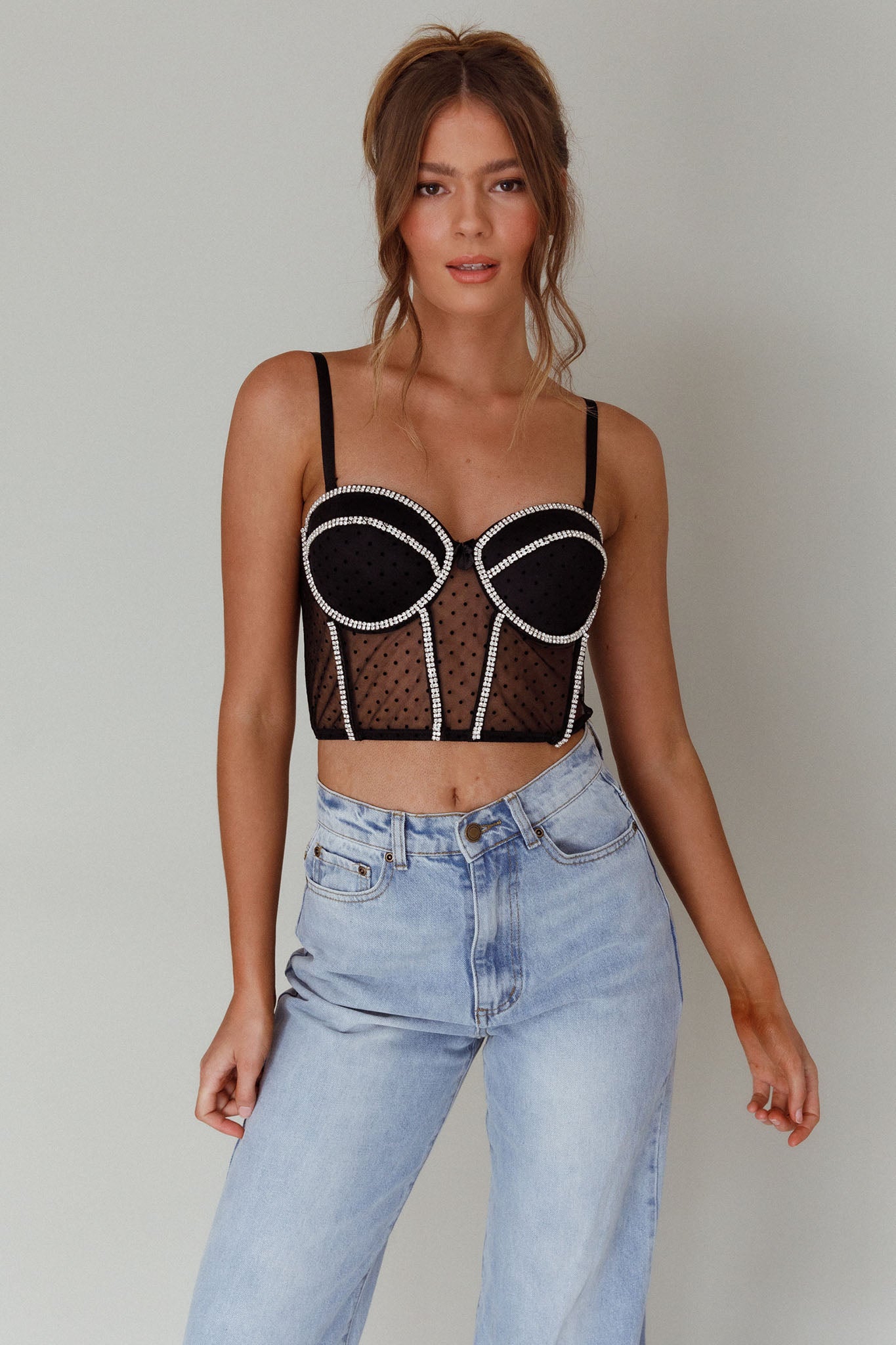 Stop And Stare Diamante Trim Crop Top Black-Maymioy