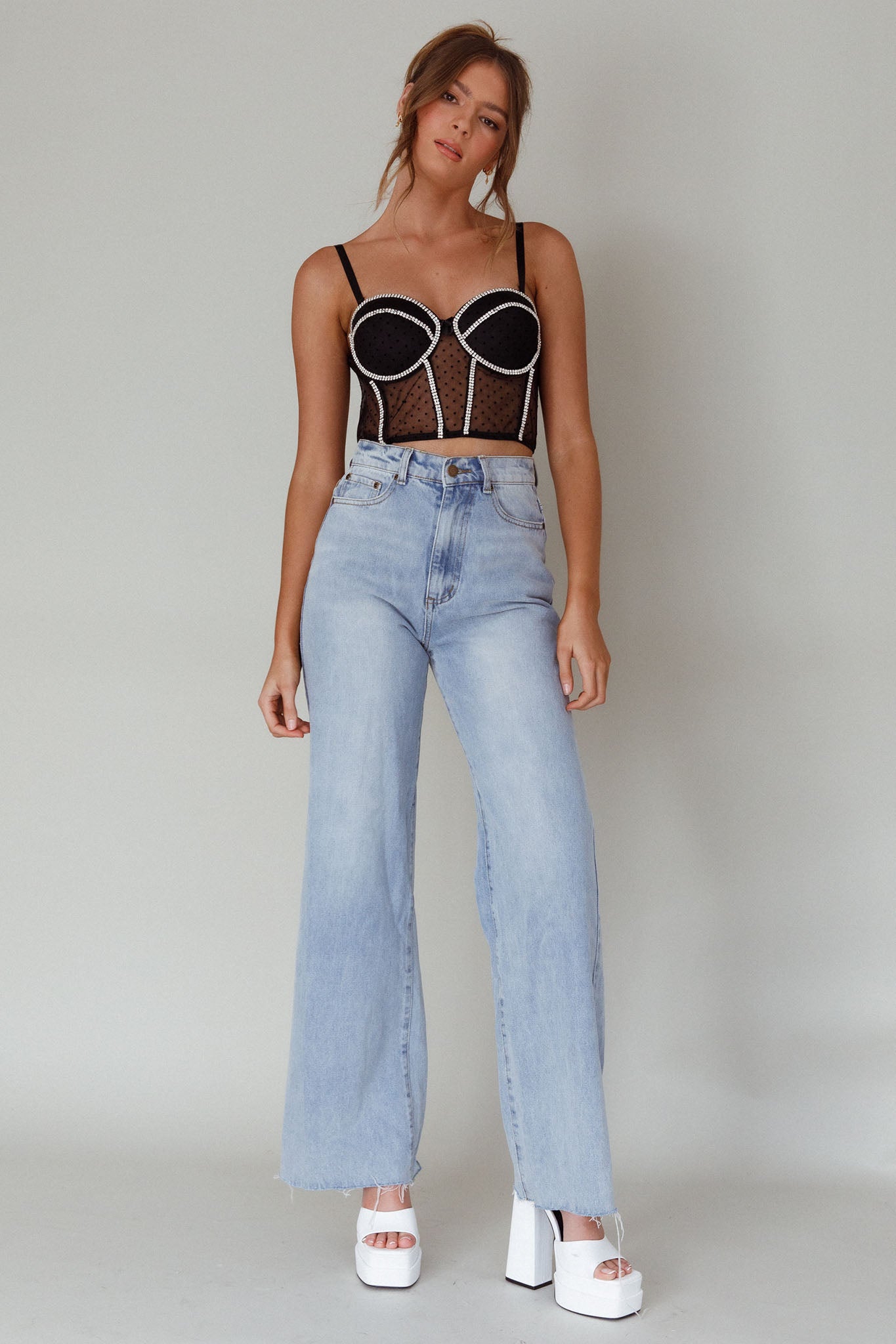 Stop And Stare Diamante Trim Crop Top Black-Maymioy