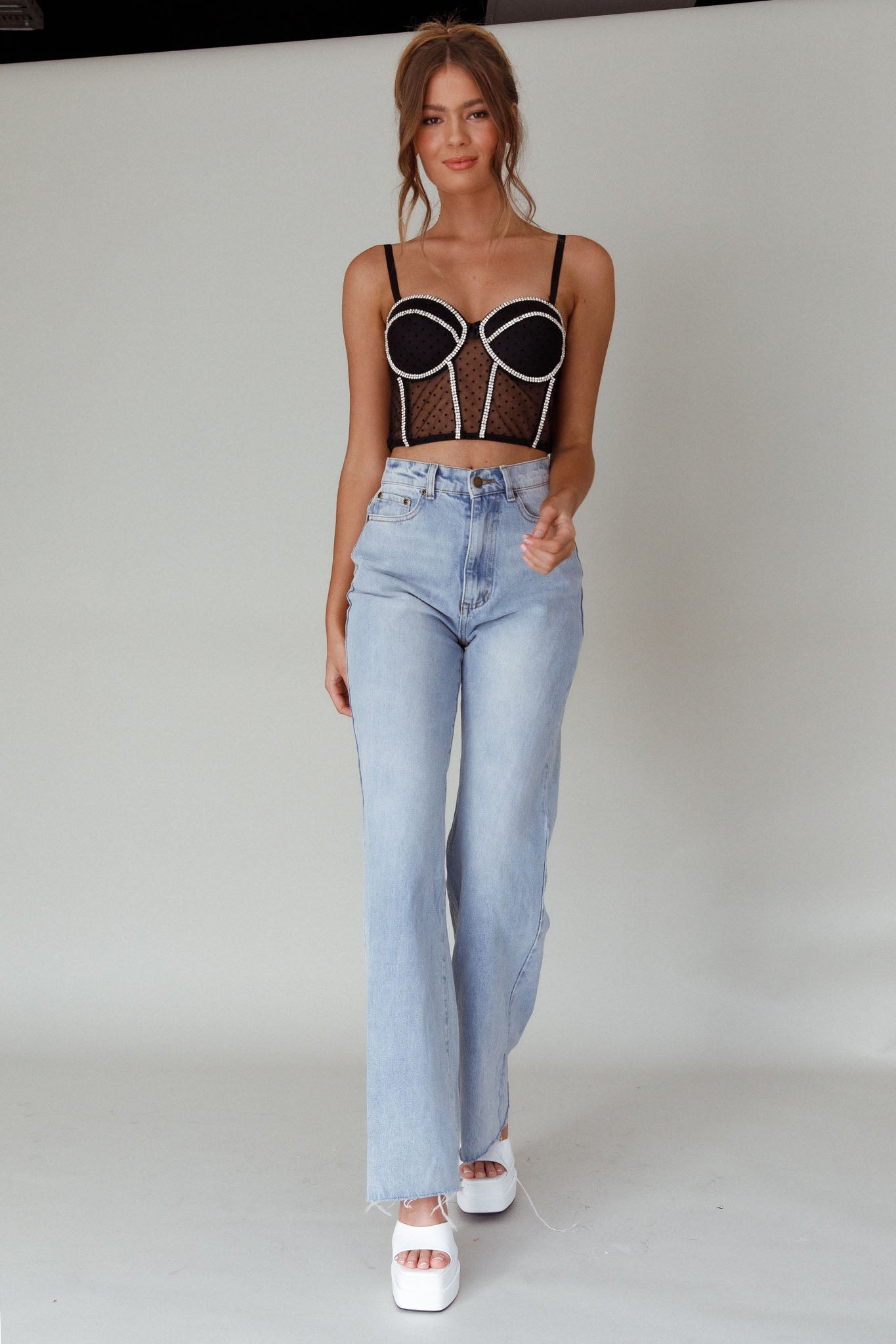 Stop And Stare Diamante Trim Crop Top Black-Maymioy