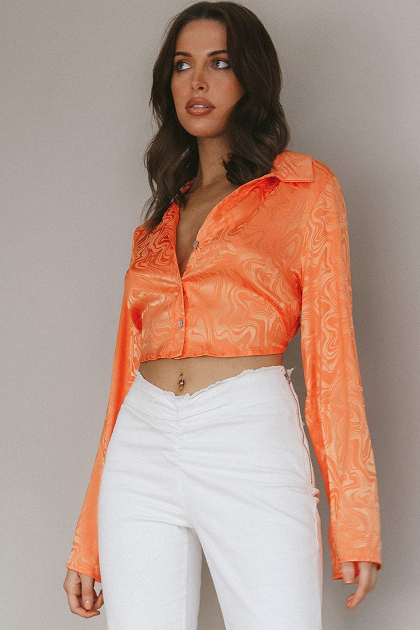 Ciara Flared Sleeve Tied Back Top Orange-Maymioy