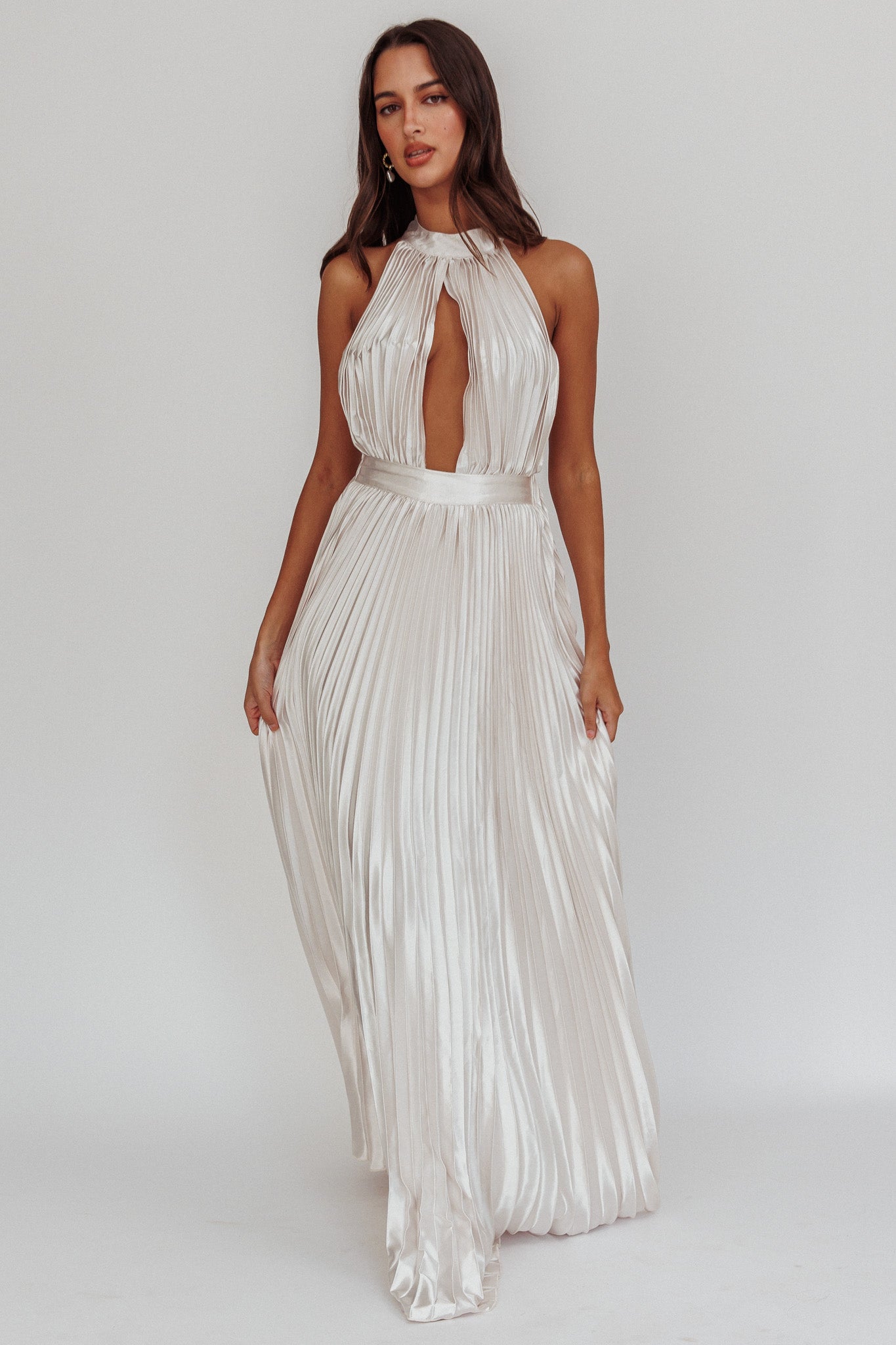 Monarch Pleated Satin Maxi Dress Champagne-Maymioy