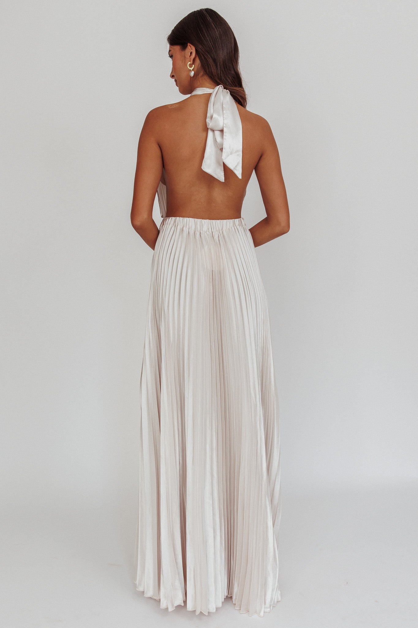 Monarch Pleated Satin Maxi Dress Champagne-Maymioy