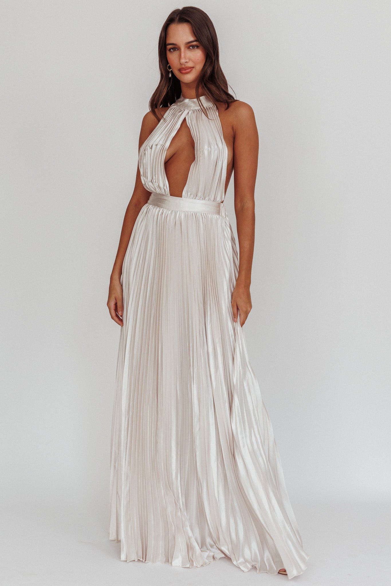 Monarch Pleated Satin Maxi Dress Champagne-Maymioy
