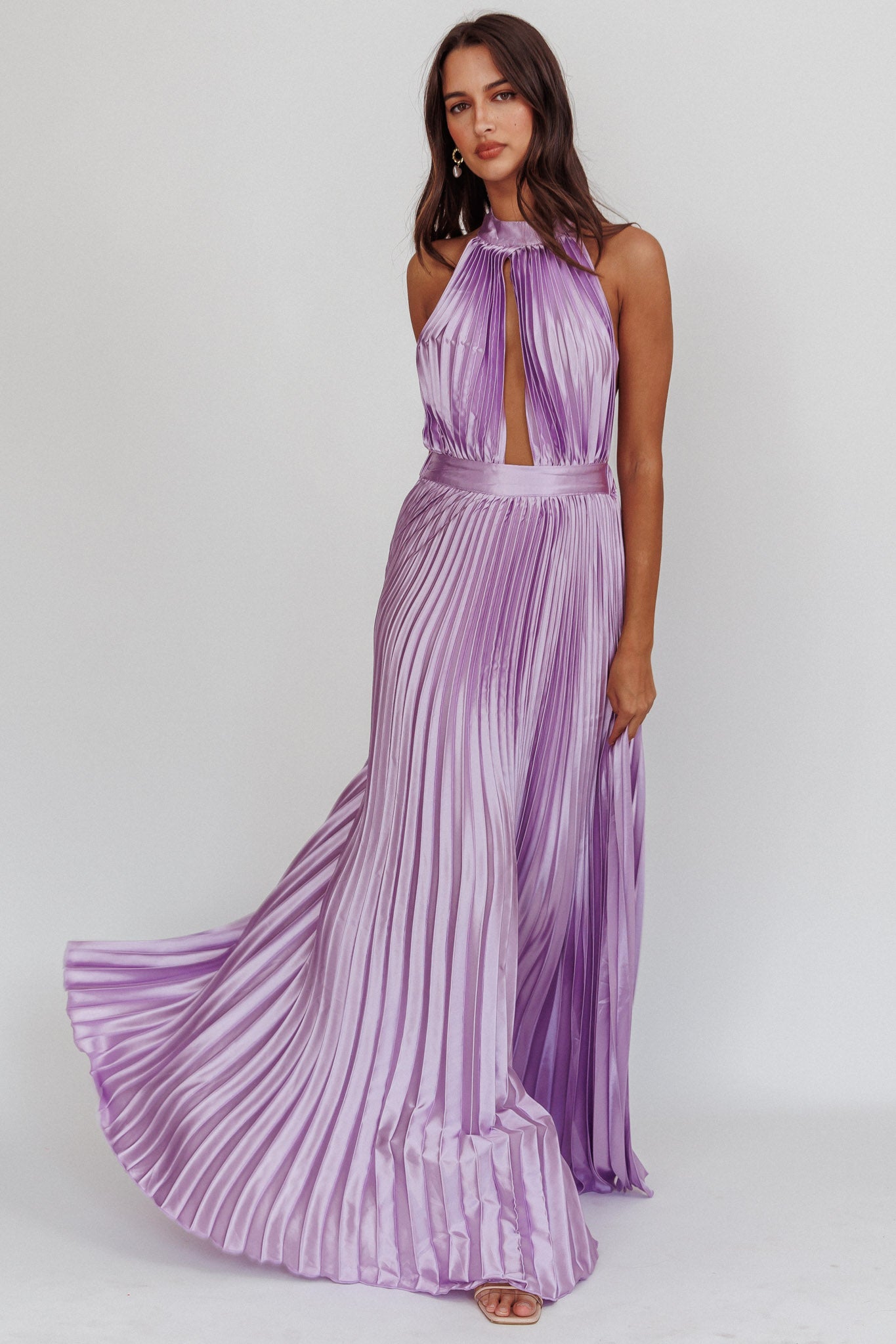 Monarch Pleated Satin Maxi Dress Lavender-Maymioy