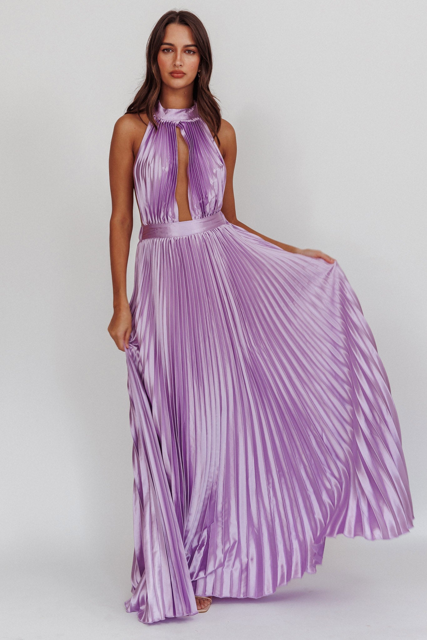 Monarch Pleated Satin Maxi Dress Lavender-Maymioy