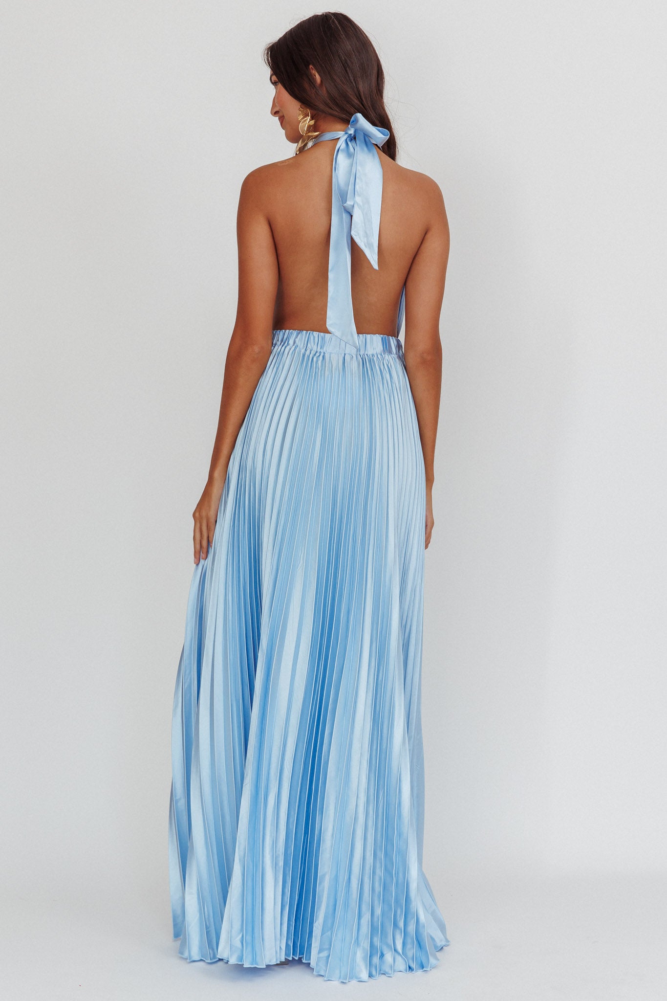 Monarch Pleated Satin Maxi Dress Light Blue-Maymioy