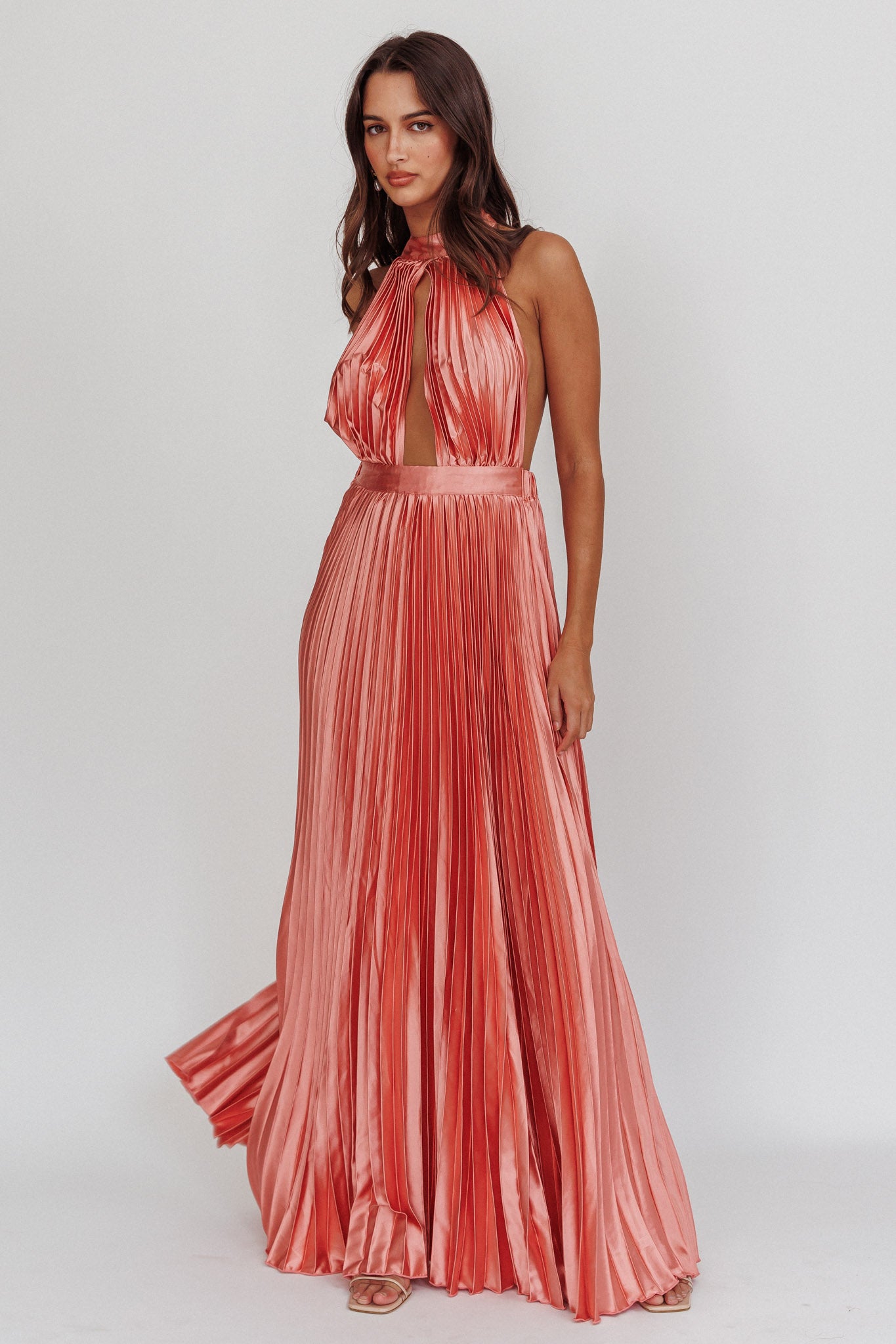 Monarch Pleated Satin Maxi Dress Rose-Maymioy