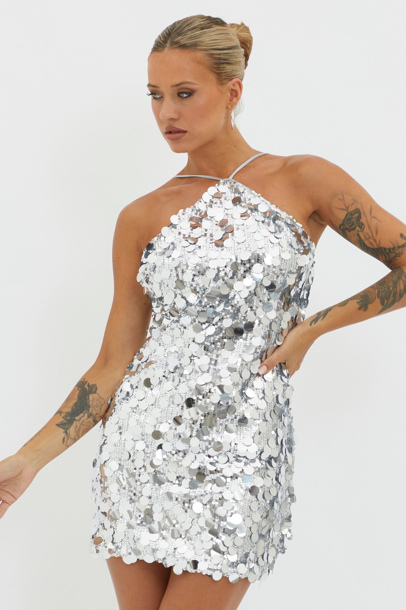 Champagne Twist Sequin Mini Dress Silver-Maymioy