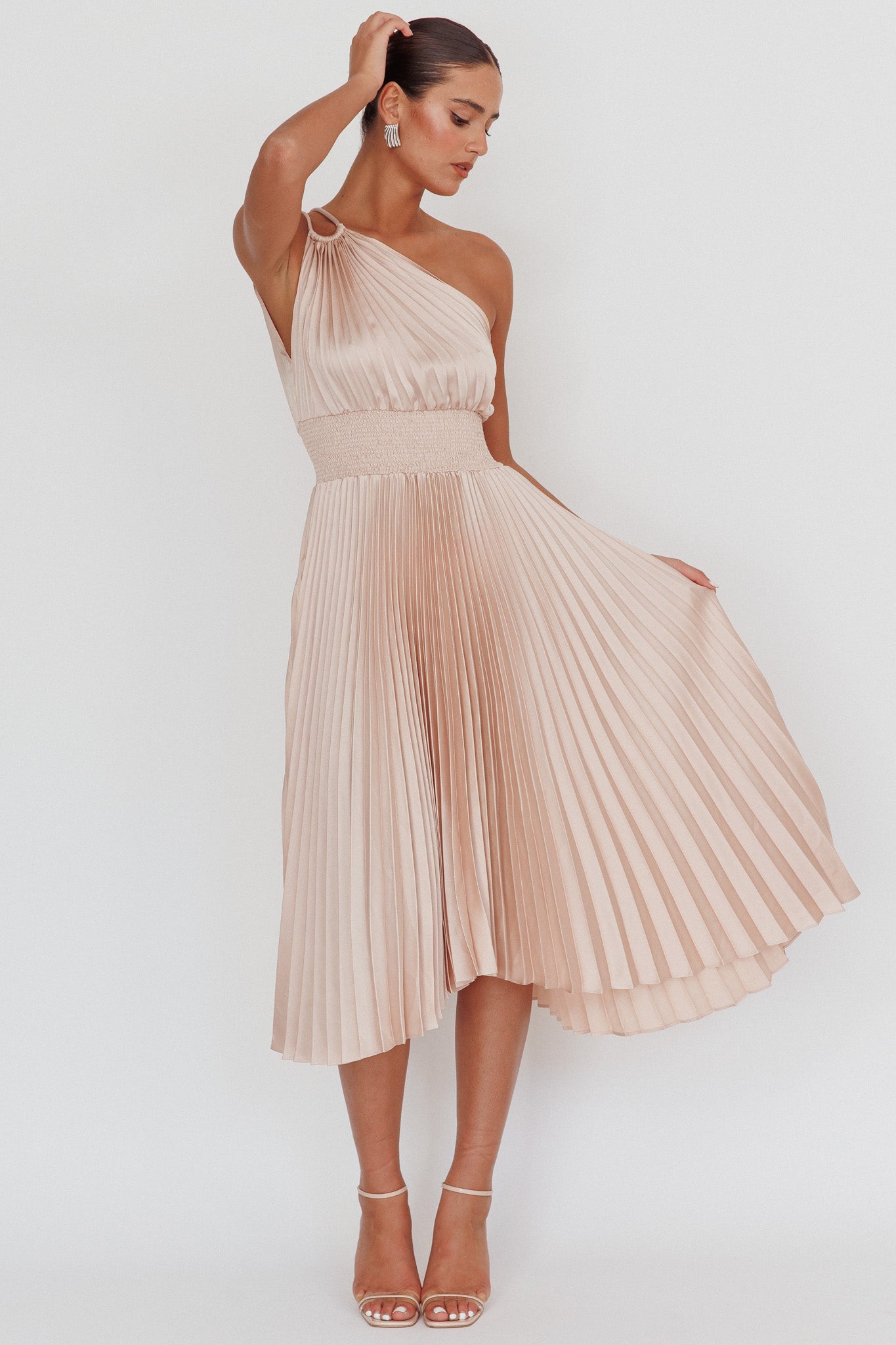 Calissa One Shoulder Pleated Midi Dress Champagne-Maymioy