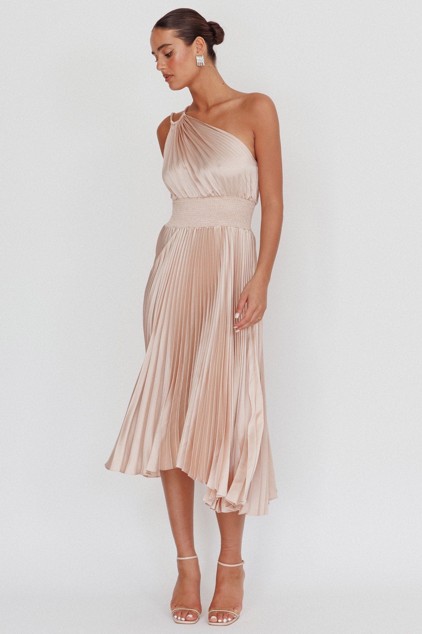 Calissa One Shoulder Pleated Midi Dress Champagne-Maymioy