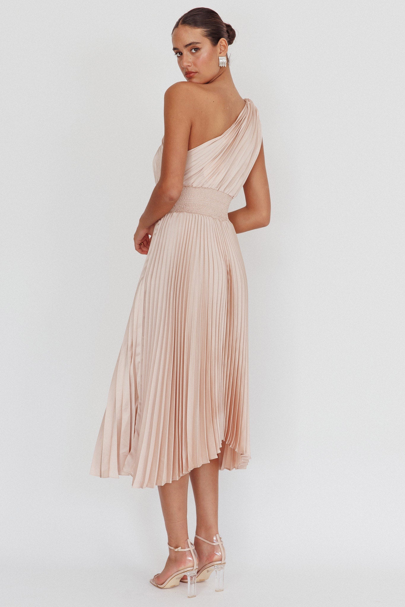 Calissa One Shoulder Pleated Midi Dress Champagne-Maymioy